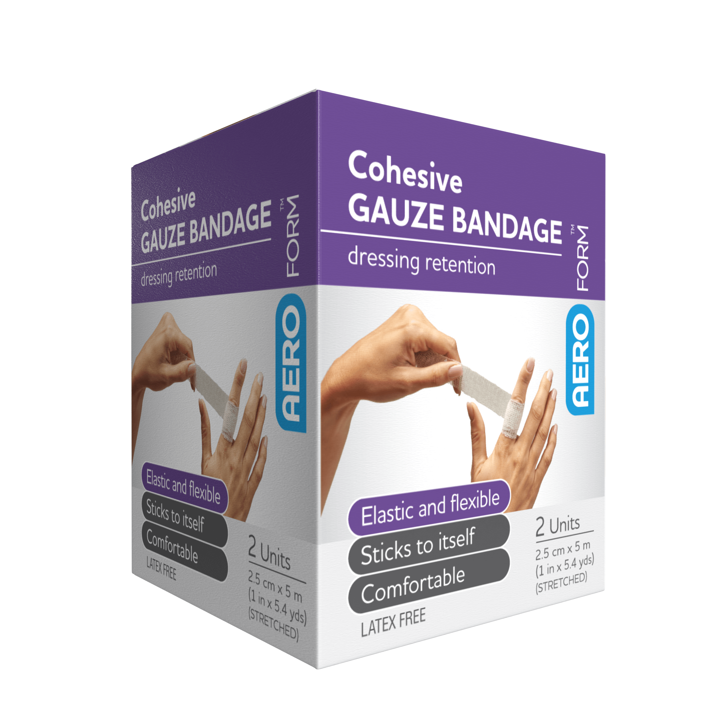 AEROFORM Cohesive Gauze Bandage 2.5cm x 5M twin pack box of 2 showing narrow breathable self-adherent gauze bandages for finger and hand dressing retention