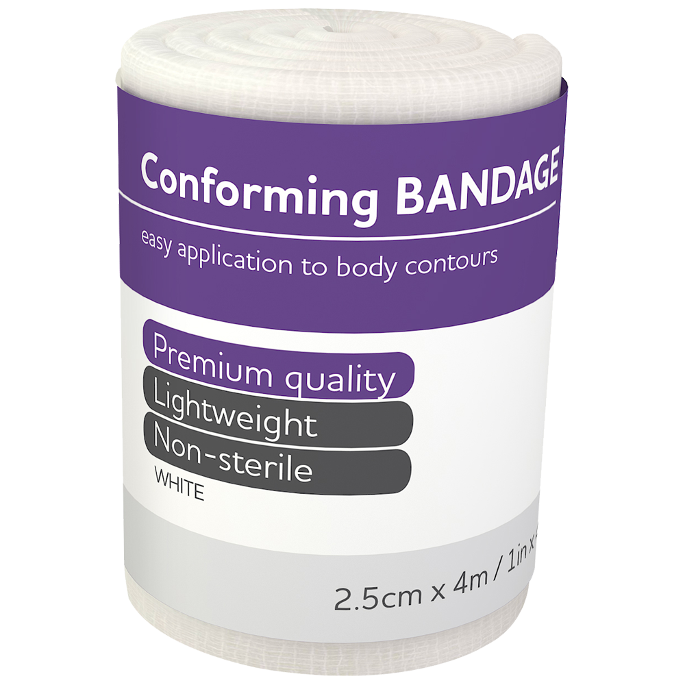 AEROFORM Conforming Bandage 2.5cm x 4M wrap of 12 showing narrow elastic gauze conforming bandages for finger and small limb dressing retention