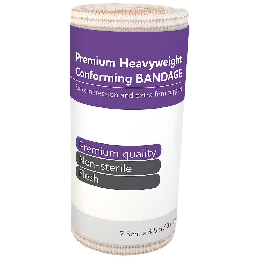 AEROFORM Premium Heavyweight Conforming Bandage 7.5cm x 4.5M wrap of 12 showing heavyweight woven conforming bandage rolls for limb wound dressing retention