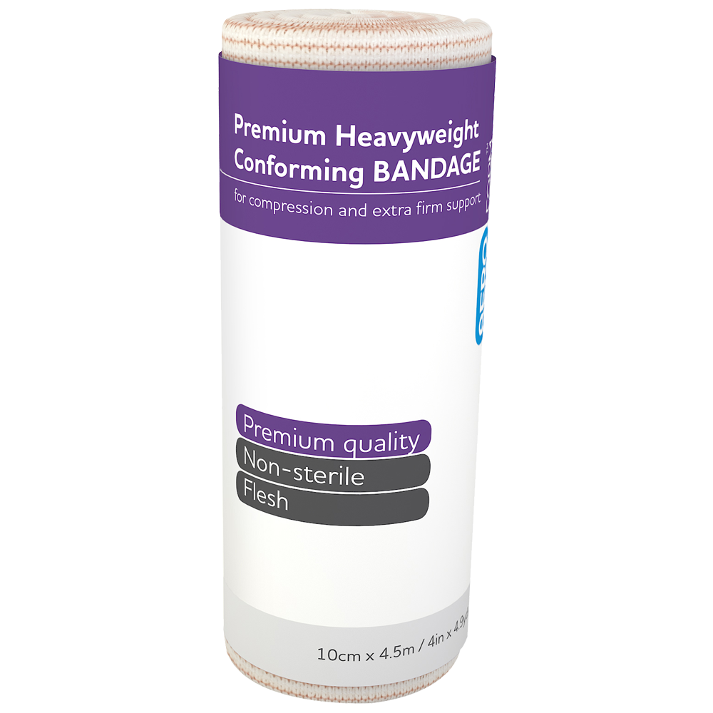AEROFORM Premium Heavyweight Conforming Bandage 10cm x 4.5M wrap of 12 showing wide heavyweight elastic conforming bandages for major limb dressing retention