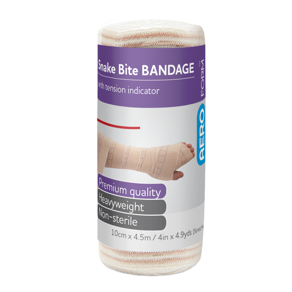 AEROFORM Short Snake Bite Bandage with Indicator 10cm x 4.5M wrap of 12 showing compression bandages with printed pressure indicator for Australian PIT snake bite first aid