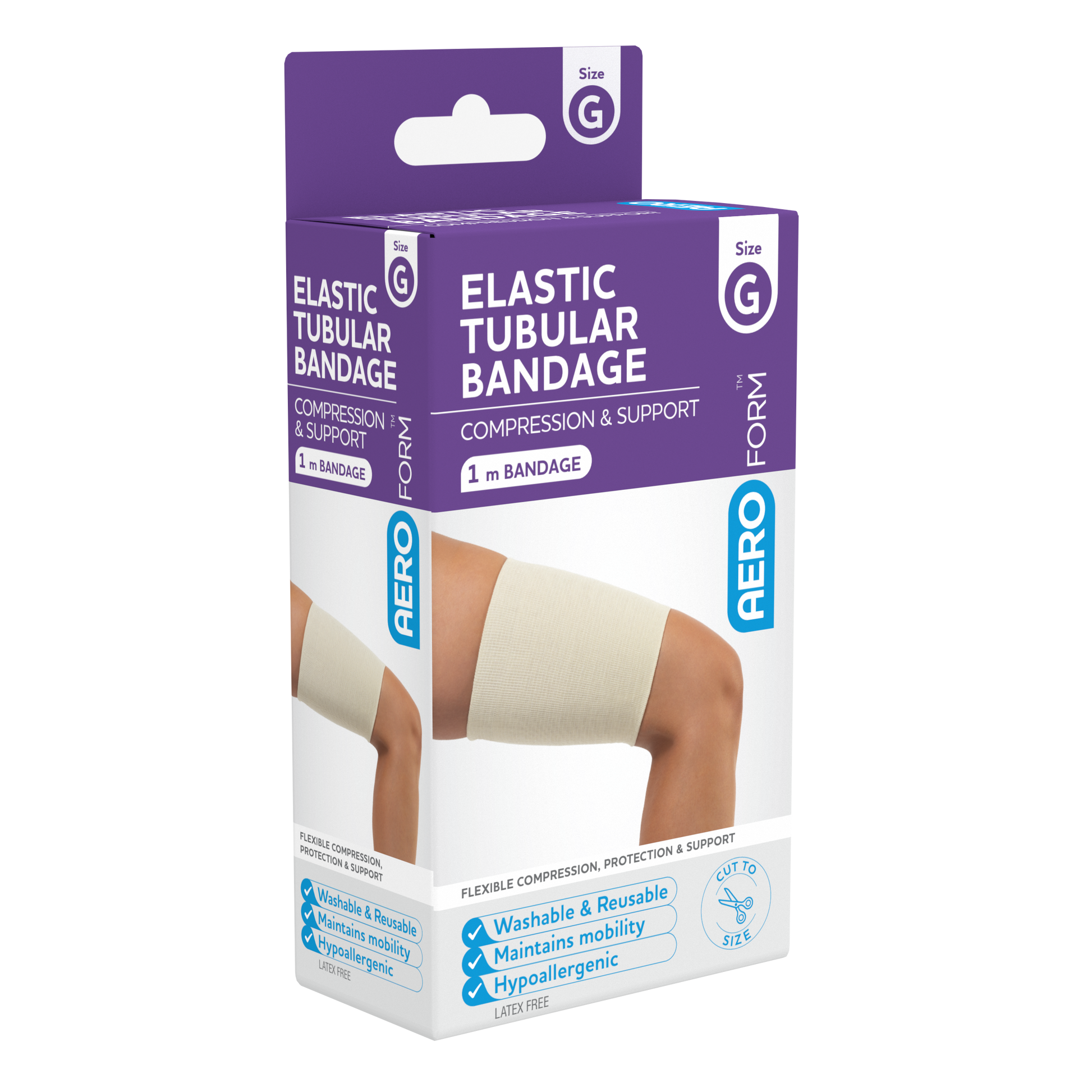 AEROFORM Size G Large Thighs Elastic Tubular Bandage 12cm x 1M showing seamless elastic tubular bandage for large thigh wound dressing retention
