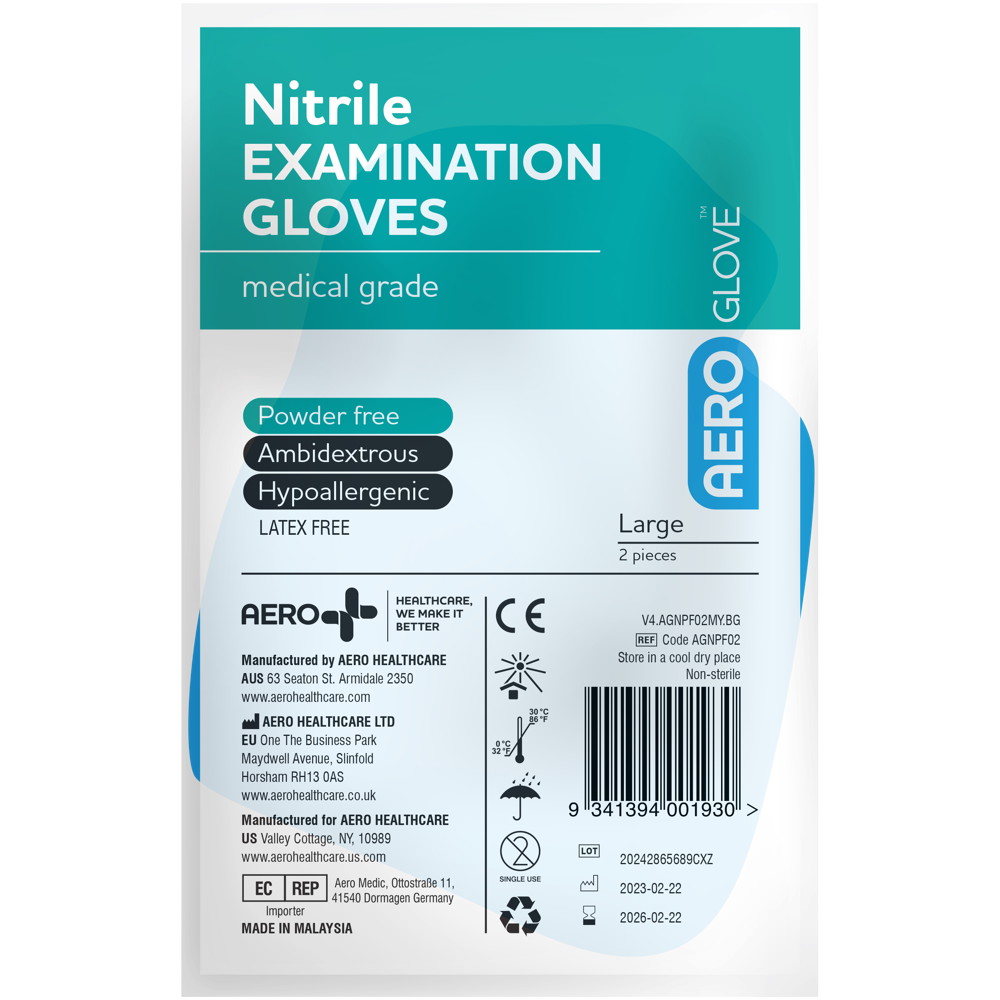 AEROGLOVE Large Nitrile Powder-Free Gloves Bag/2 showing compact single-pair bag of large latex-free nitrile gloves for pocket and compact first aid carry