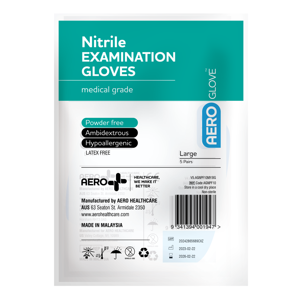 AEROGLOVE Large Nitrile Powder-Free Gloves bag of 10 showing compact bag of latex-free nitrile gloves for personal carry and first aid kit inclusion