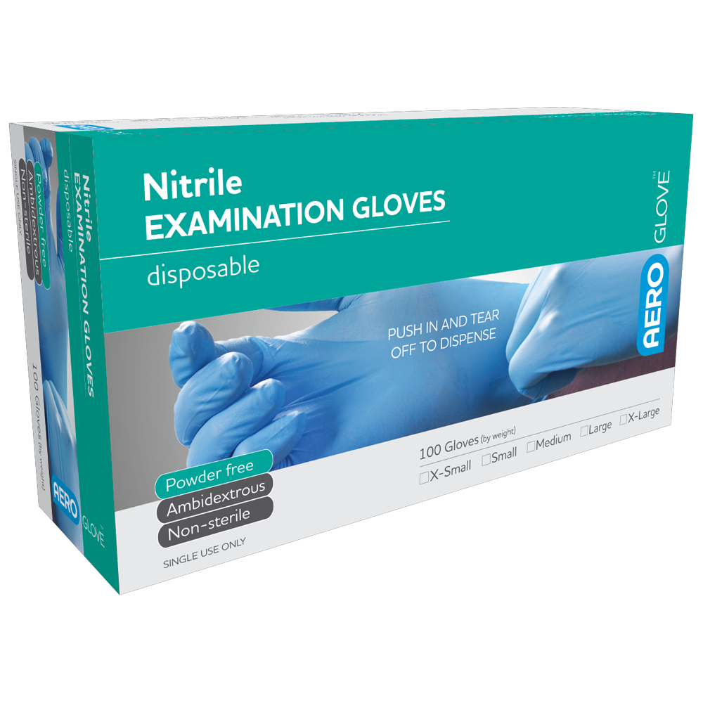 AEROGLOVE Medium Nitrile Powder-Free Gloves box of 100 showing medical examination grade latex-free powder-free nitrile gloves for first aid and clinical use