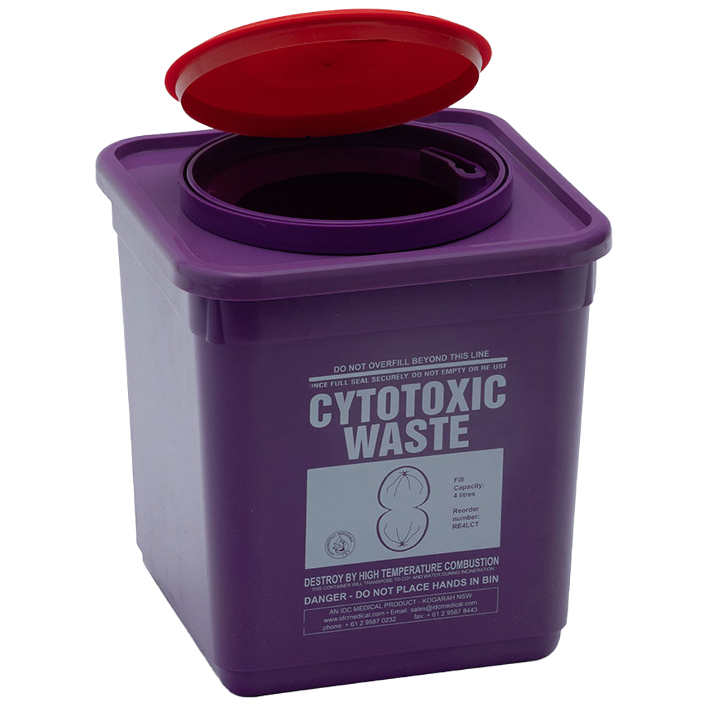 AEROHAZARD Cytotoxic Sharps Disposal Container 4 litre showing UN-certified cytotoxic sharps container for chemotherapy waste segregation