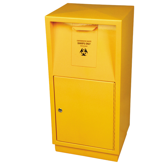 AEROHAZARD Steel Sharps Disposal Safe 23L showing lockable high-capacity steel sharps safe with inner containers for high-volume clinical sharps waste