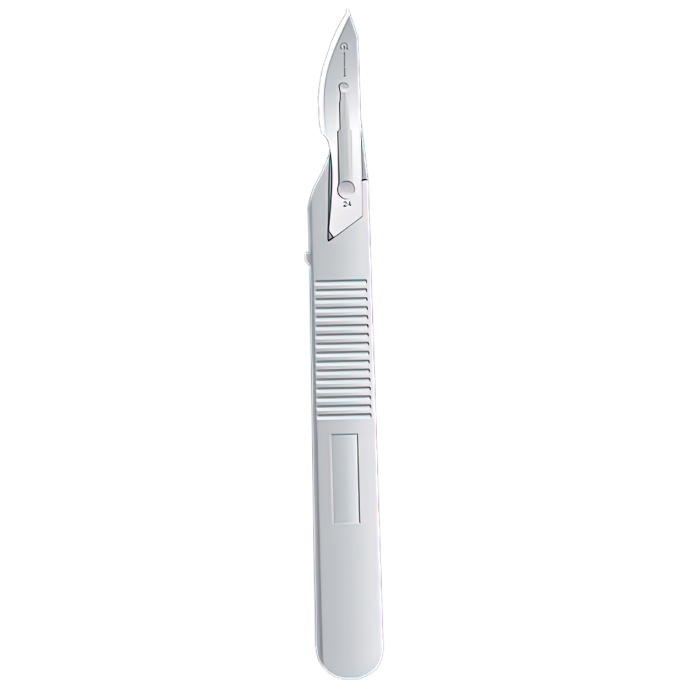AEROINSTRUMENT Disposable No 24 Scalpel Blade and Handle Sterile showing single-use sterile scalpel with large curved No 24 blade for clinical procedures