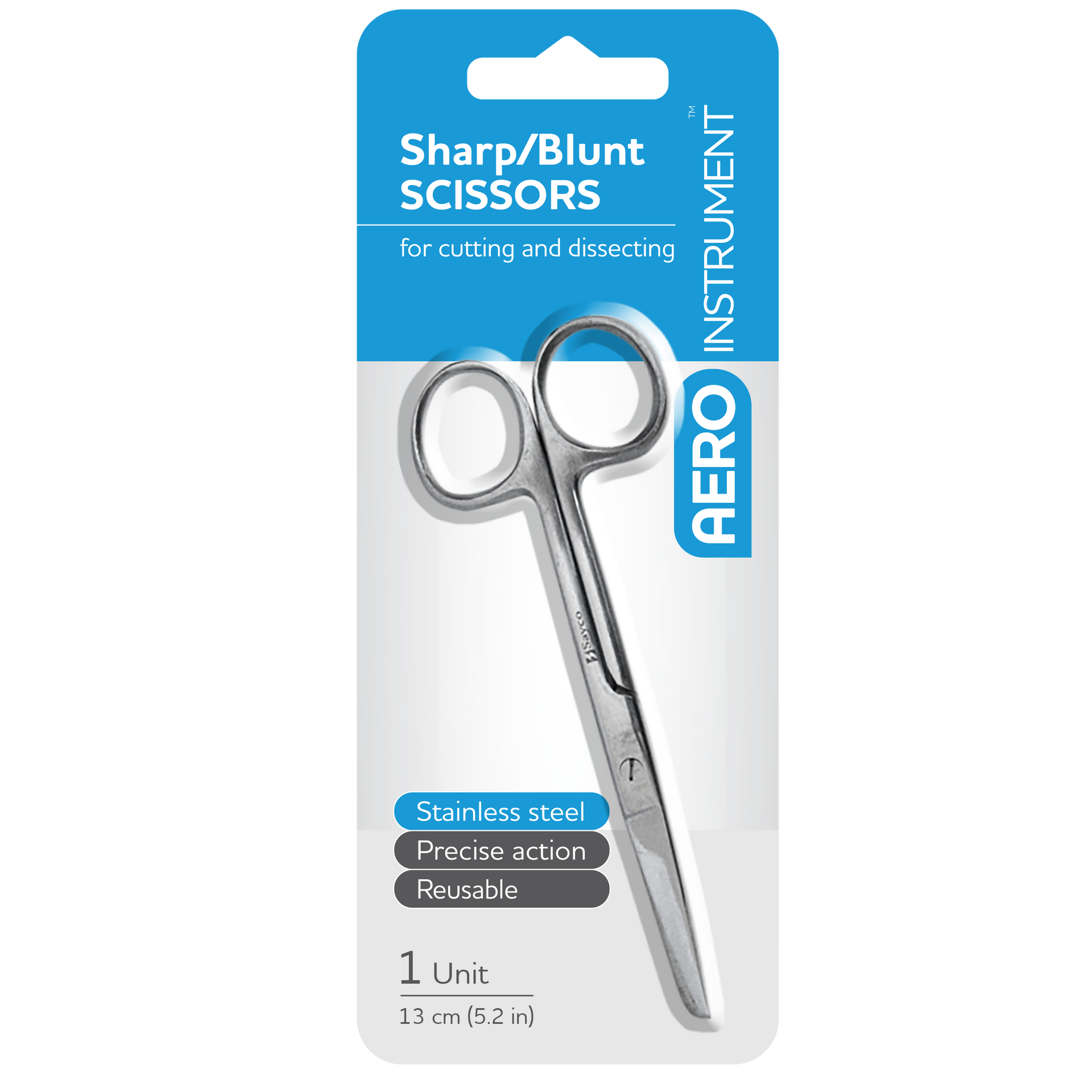 AEROINSTRUMENT Stainless Steel Sharp Blunt Scissors 13cm showing precision clinical scissors for first aid dressing, bandage, and wound care procedures