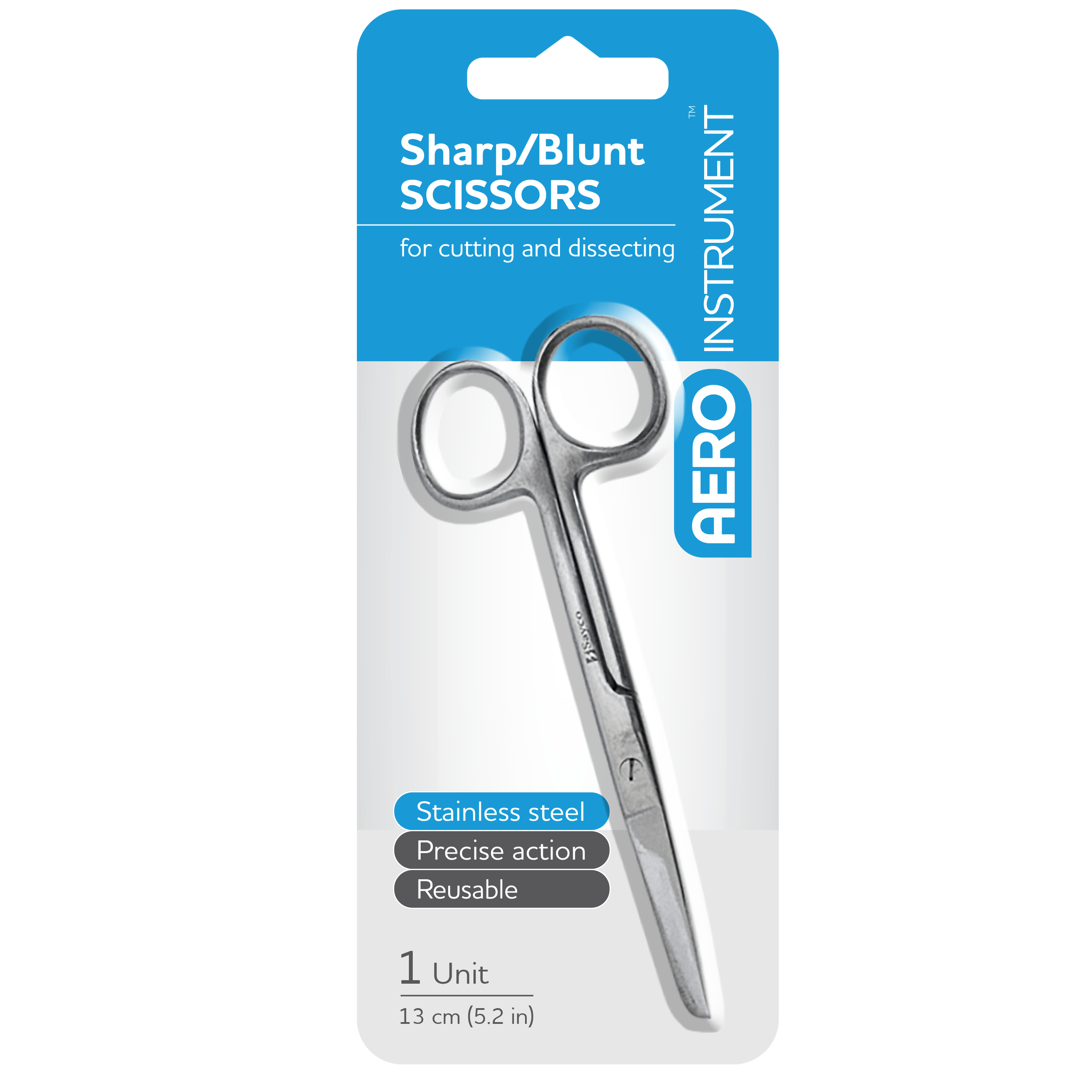 AEROINSTRUMENT Stainless Steel Sharp Blunt Scissors 13cm showing precision clinical scissors for first aid dressing, bandage, and wound care procedures