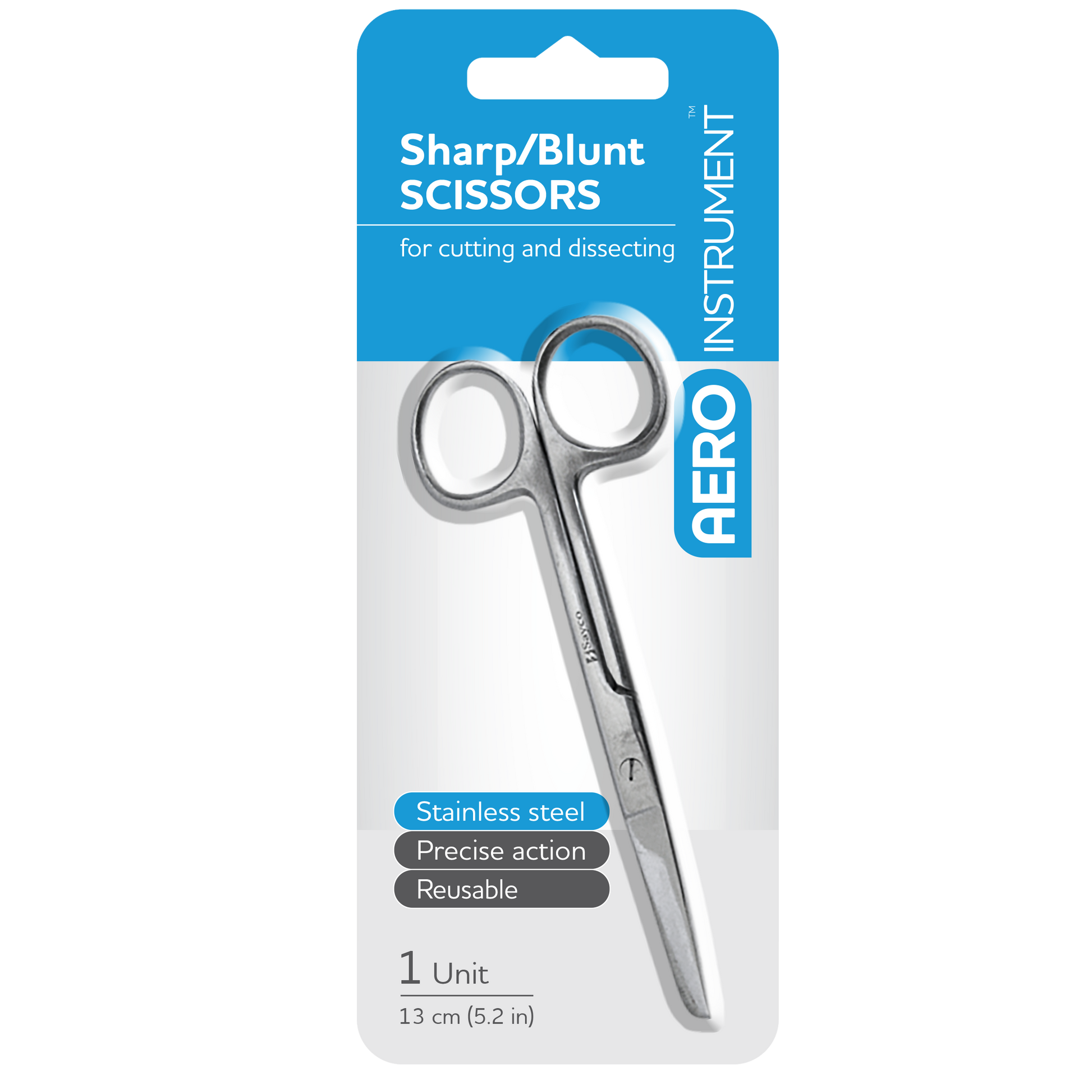 AEROINSTRUMENT Stainless Steel Sharp Blunt Scissors 13cm showing precision clinical scissors for first aid dressing, bandage, and wound care procedures