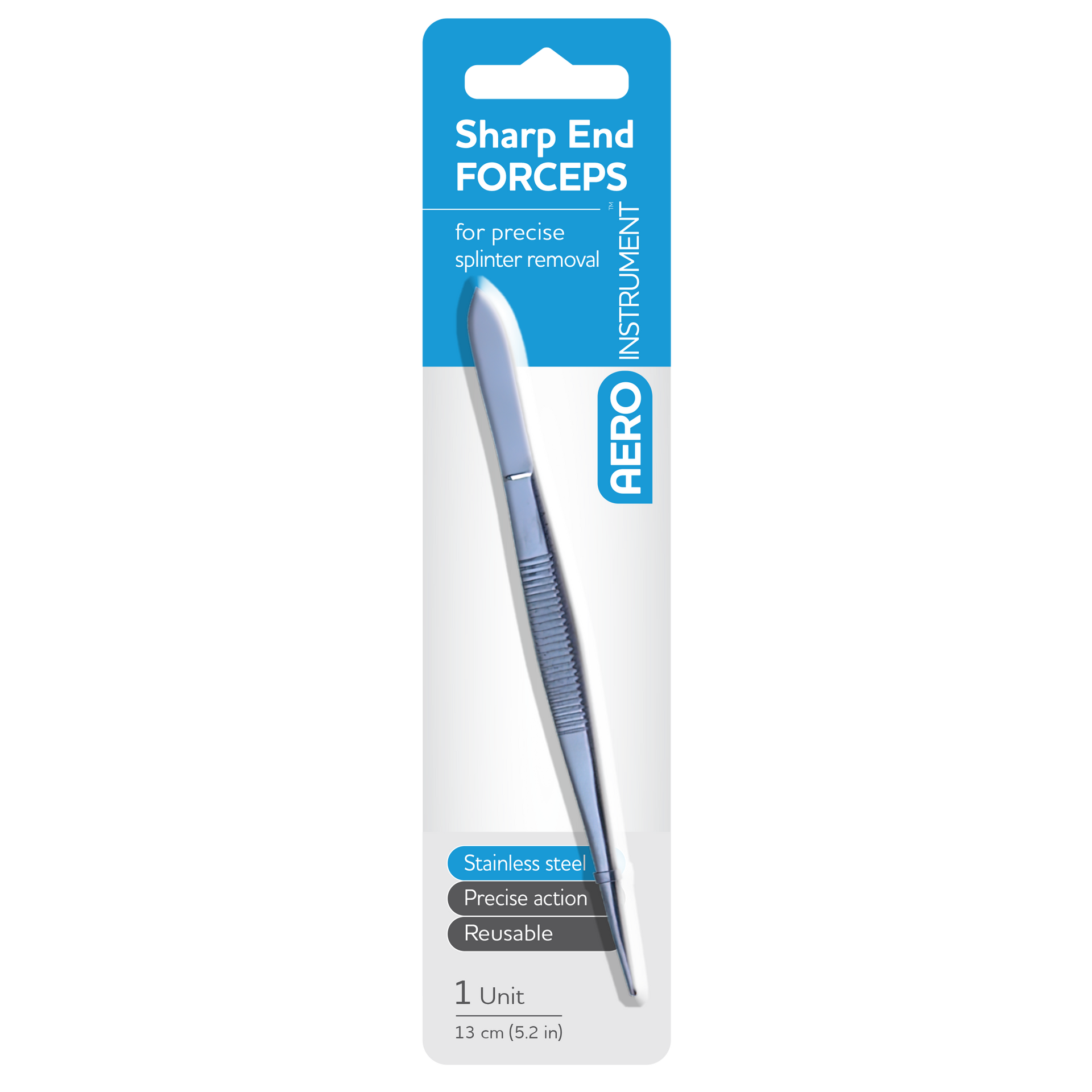 AEROINSTRUMENT Stainless Steel Sharp Forceps 13cm showing sharp-tipped clinical forceps for wound tissue handling and foreign body removal in first aid rooms