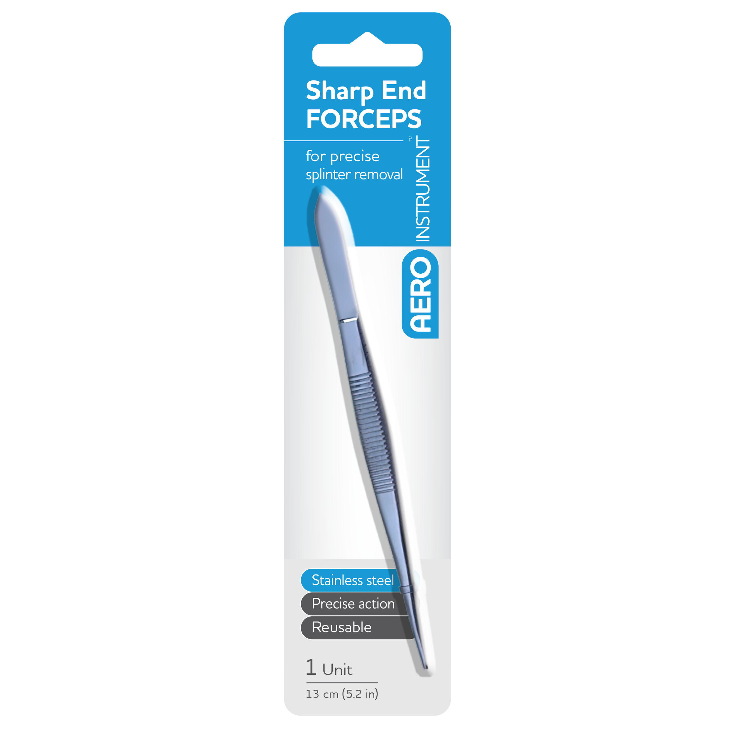 AEROINSTRUMENT Stainless Steel Sharp Forceps 13cm showing sharp-tipped clinical forceps for wound tissue handling and foreign body removal in first aid rooms