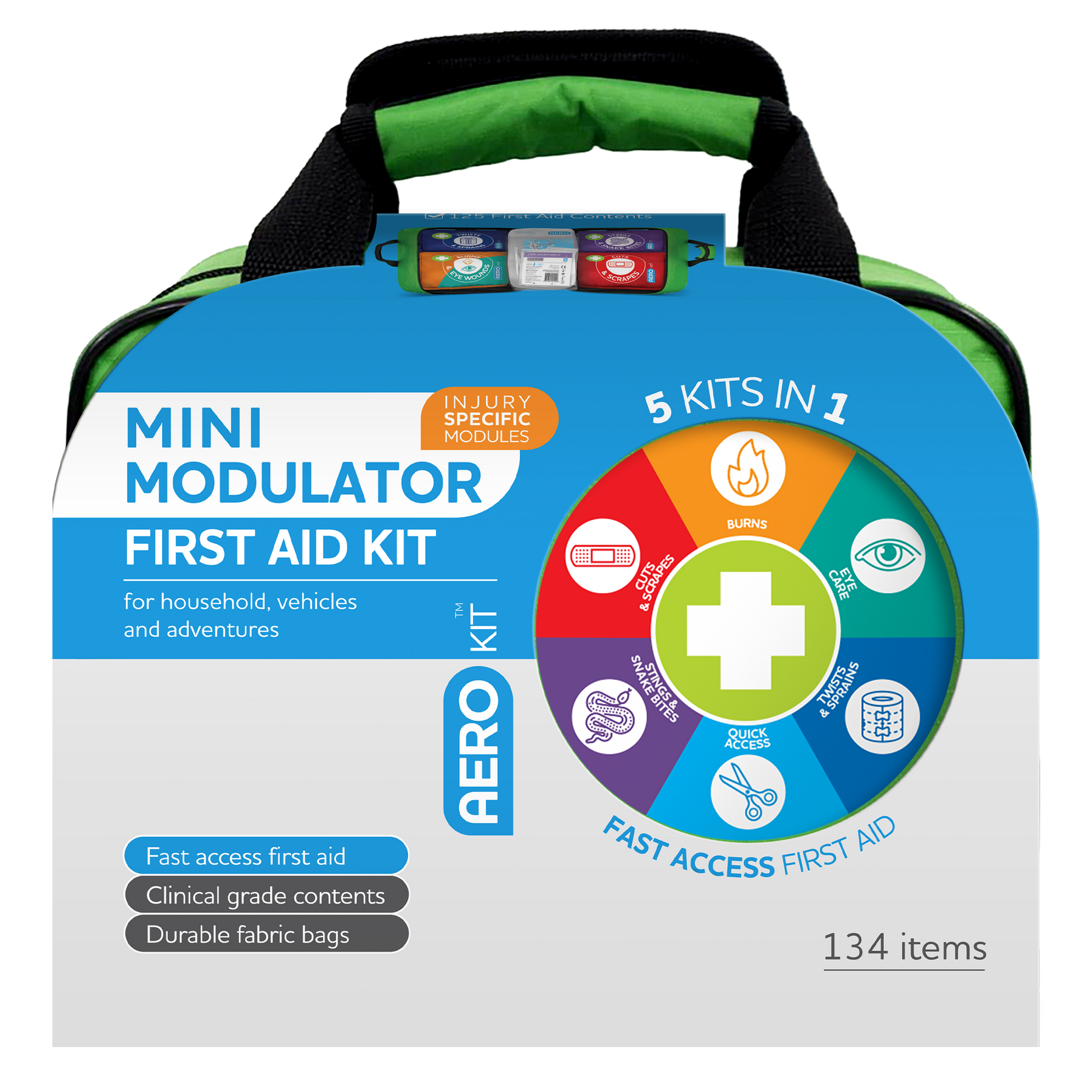 AEROKIT 3 Series Modulator Mini Softpack First Aid Kit 25 x 15 x 21.5cm showing compact modular softpack first aid kit for vehicle, sport, and travel use
