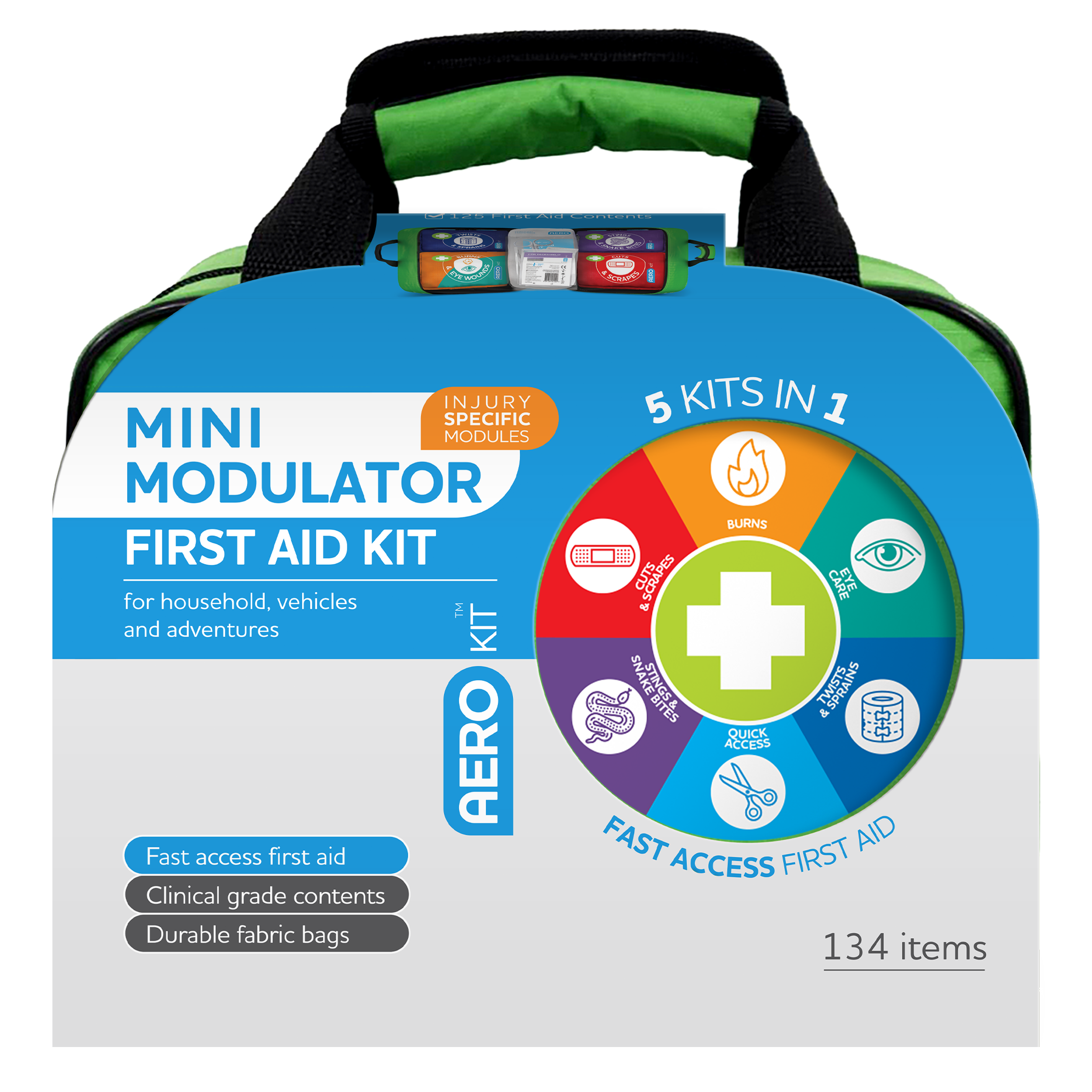 AEROKIT 3 Series Modulator Mini Softpack First Aid Kit 25 x 15 x 21.5cm showing compact modular softpack first aid kit for vehicle, sport, and travel use