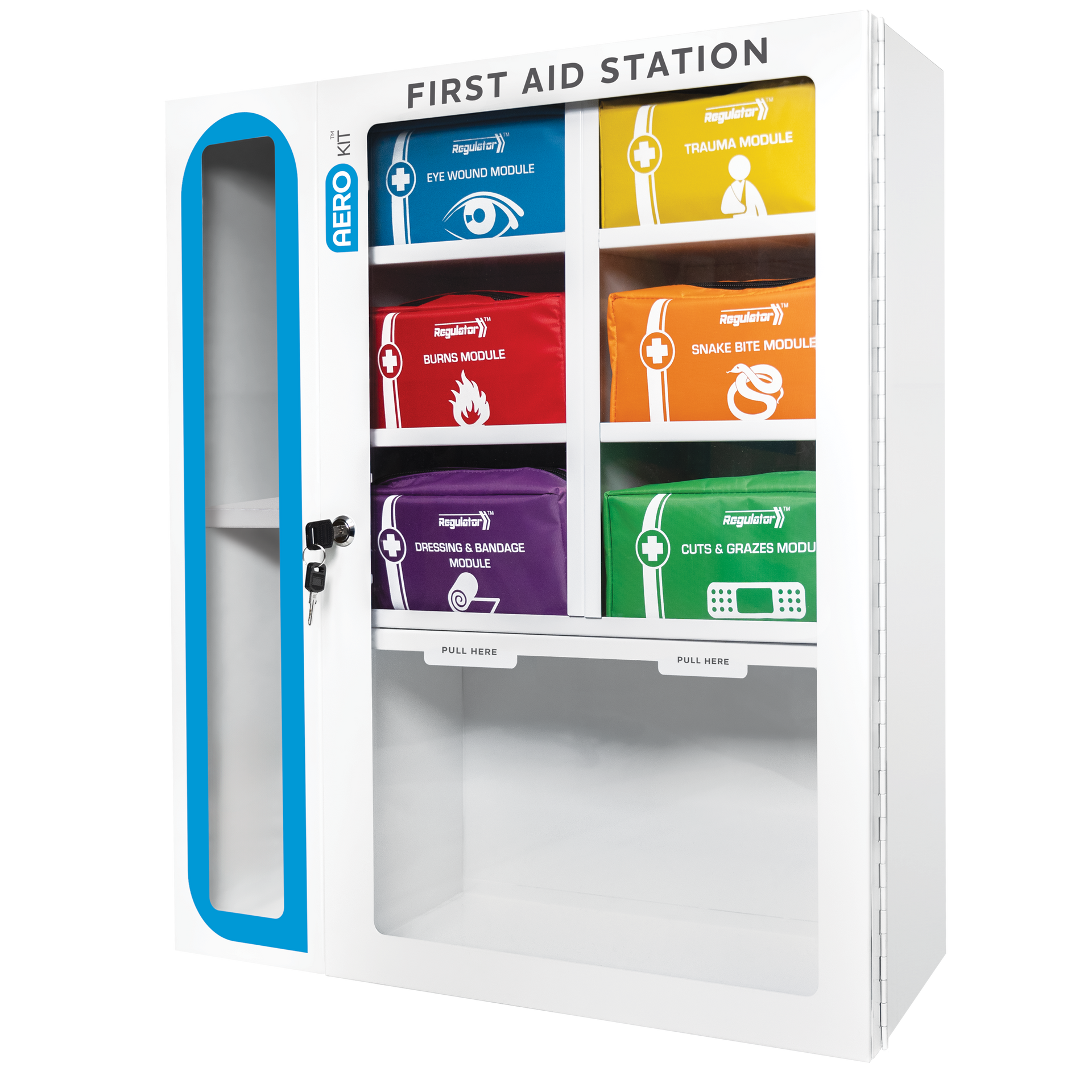 AEROKIT First Aid Station with 6 Modules 69 x 62.5 x 15.5cm showing wall-mounted workplace first aid station with 6 colour-coded pre-stocked modular units