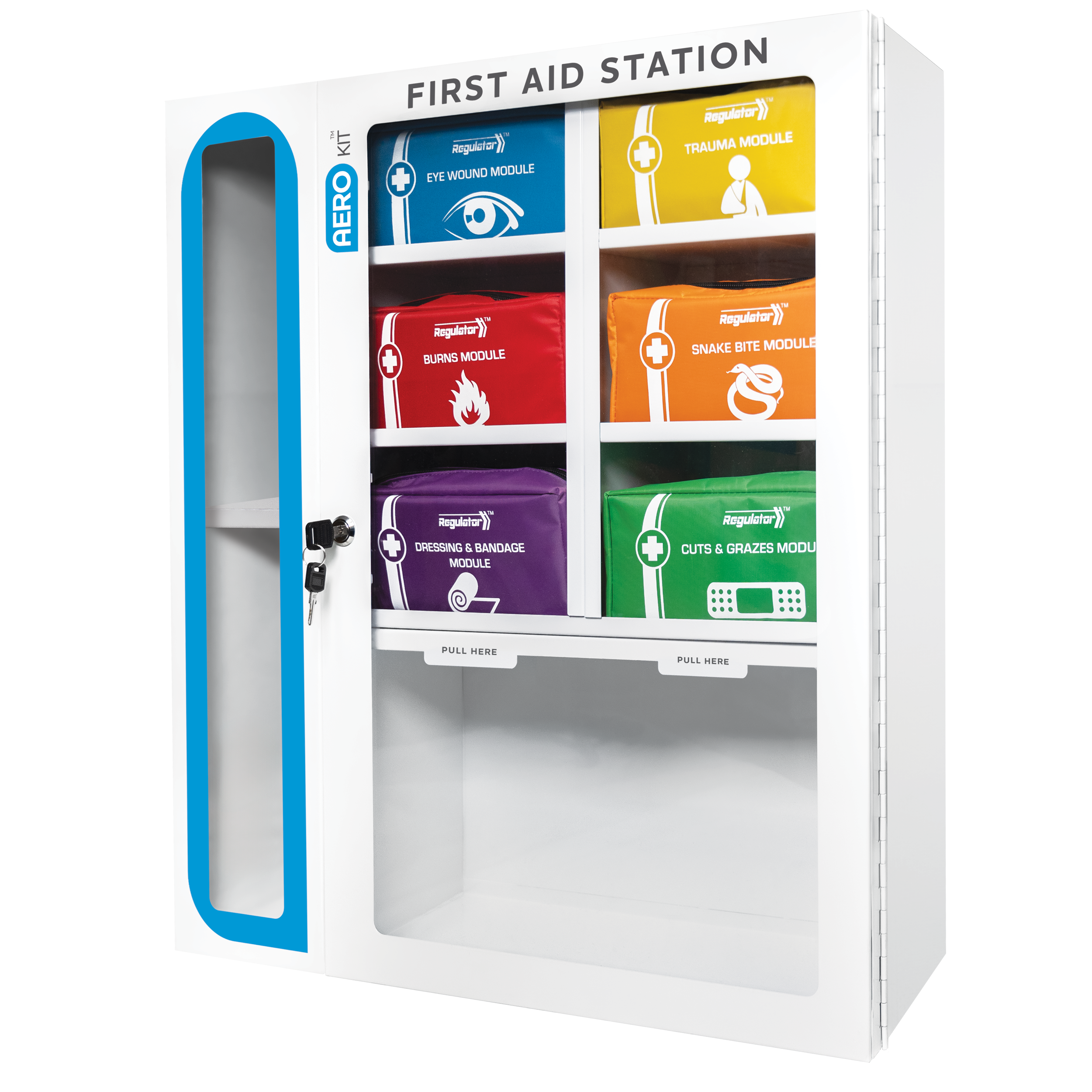 AEROKIT First Aid Station with 6 Modules 69 x 62.5 x 15.5cm showing wall-mounted workplace first aid station with 6 colour-coded pre-stocked modular units