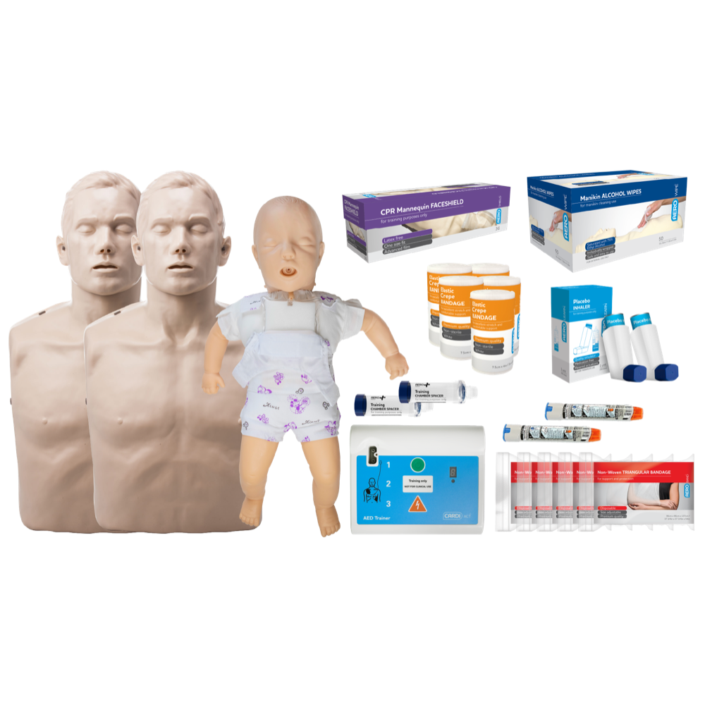 AEROLEARN Basic First Aid Trainer Equipment Starter Pack showing comprehensive training equipment bundle for new first aid trainers and RTOs delivering workplace first aid courses