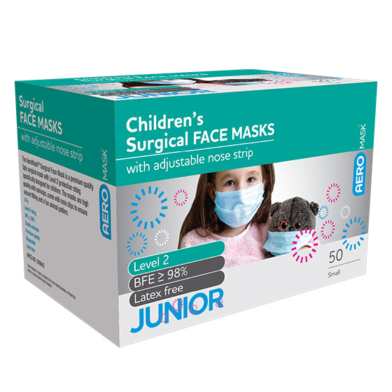 AEROMASK Children Surgical Mask box of 50 showing premium quality face masks sized for paediatric facial dimensions for better fit than adult surgical masks