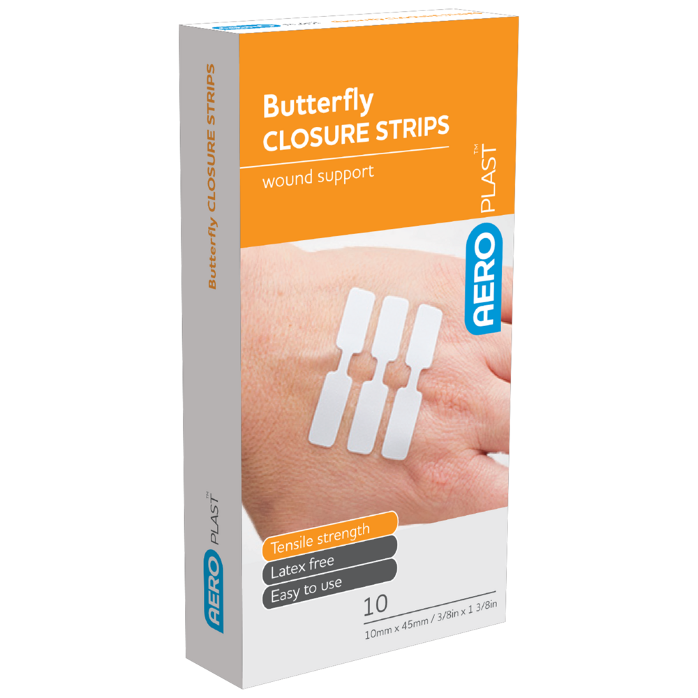 AEROPLAST Butterfly Wound Closures 45 x 10mm box of 10 showing adhesive butterfly-shaped closure strips for minor laceration wound edge approximation