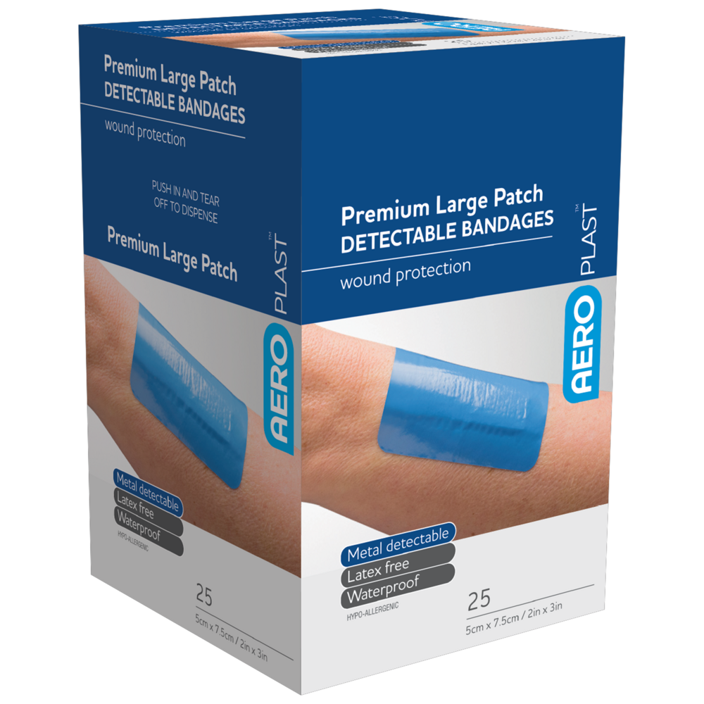 AEROPLAST Premium Detectable Large Patch 7.5 x 5cm box of 25 showing metal and X-ray detectable large patch dressings for food industry wound cover