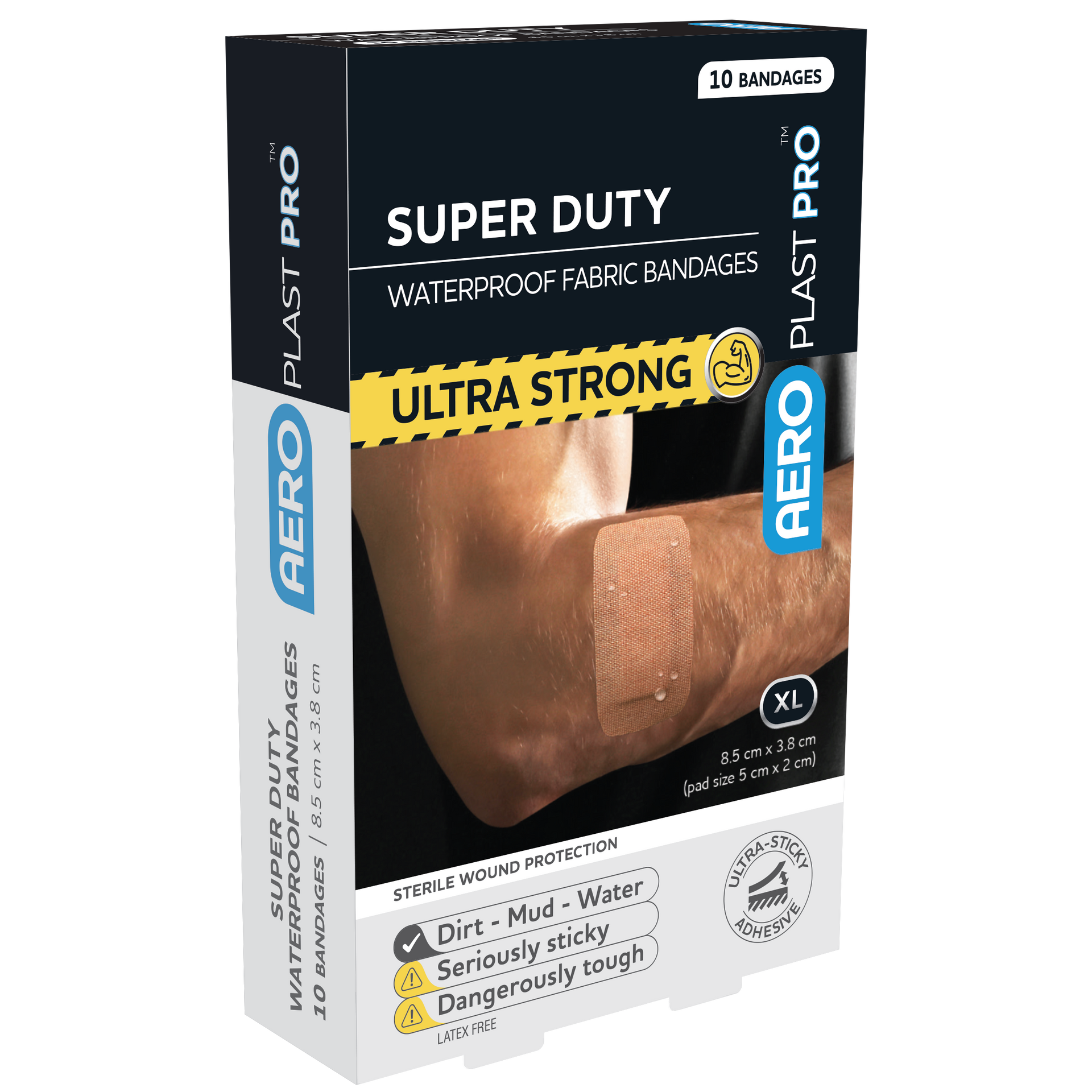 AEROPLAST PRO Super Duty Waterproof Bandages 8.5 x 3.8cm box of 10 showing heavy-duty waterproof adhesive bandages for tough workplace and outdoor wound cover
