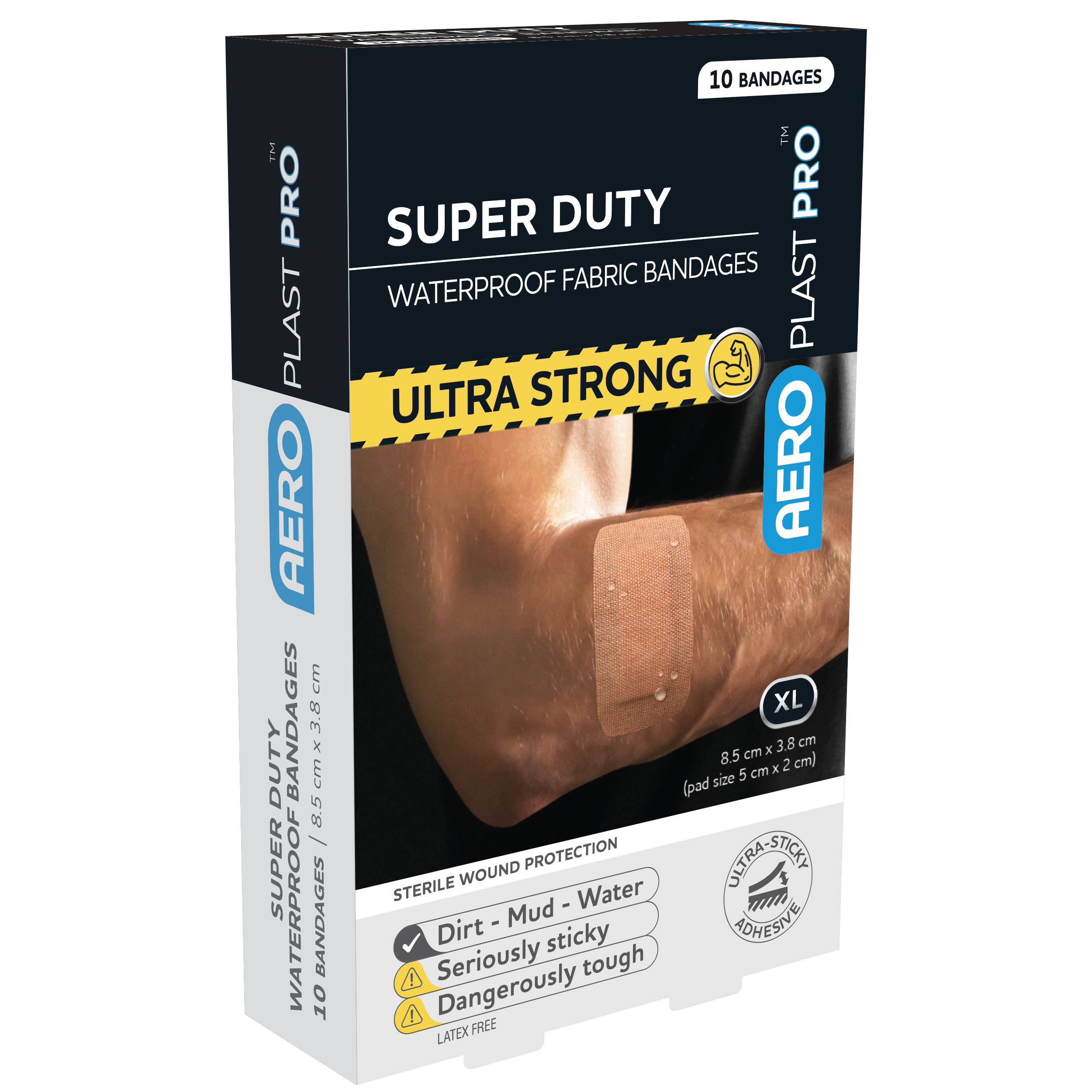 AEROPLAST PRO Super Duty Waterproof Bandages 8.5 x 3.8cm box of 10 showing heavy-duty waterproof adhesive bandages for tough workplace and outdoor wound cover