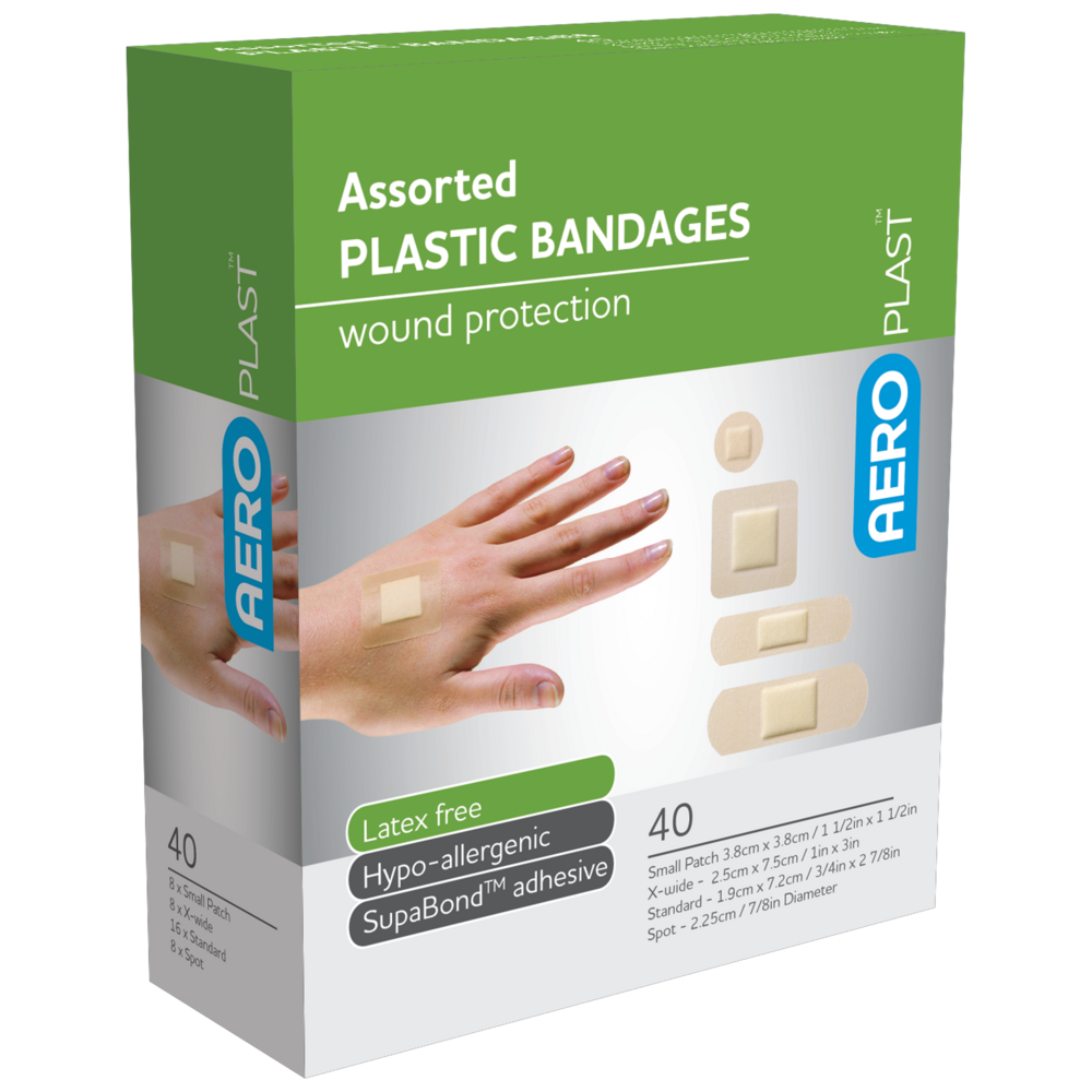 AEROPLAST Plastic Assorted Dressings box of 40 showing bulk supply of assorted plastic adhesive dressings for workplace first aid room and clinical setting restocking