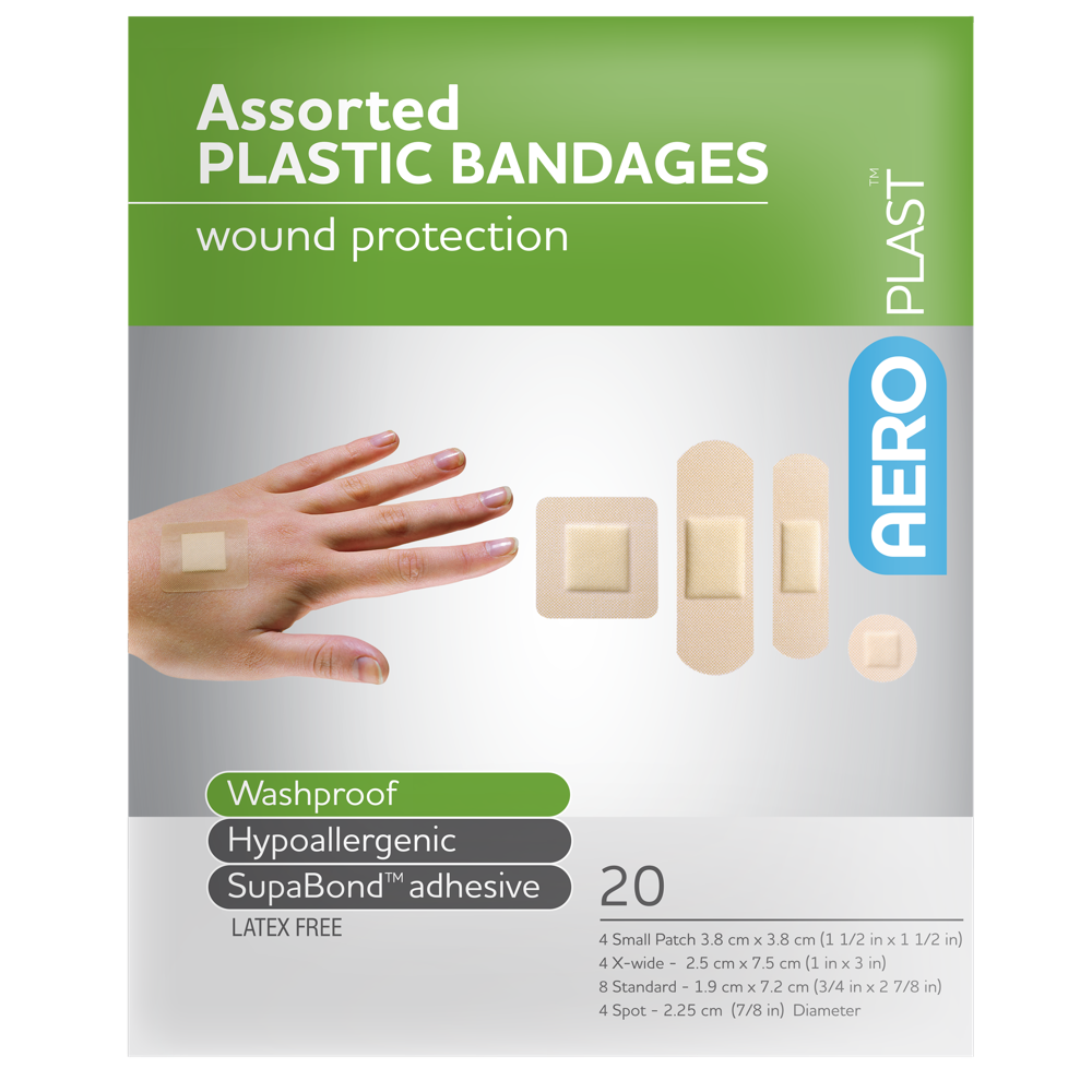 AEROPLAST Plastic Assorted Dressings envelope of 20 showing assorted sizes of plastic adhesive wound dressings for minor cuts, abrasions, and blisters in first aid kit restocking
