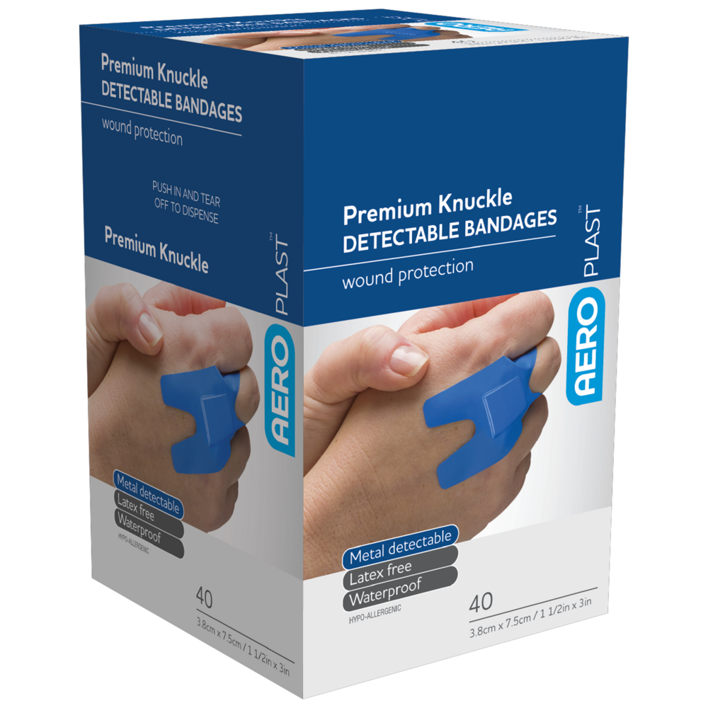 AEROPLAST Premium Detectable Knuckle Dressings 7.5 x 3.8cm box of 40 showing blue metal-detectable adhesive knuckle dressings for food-safe finger wound protection in food handling environments