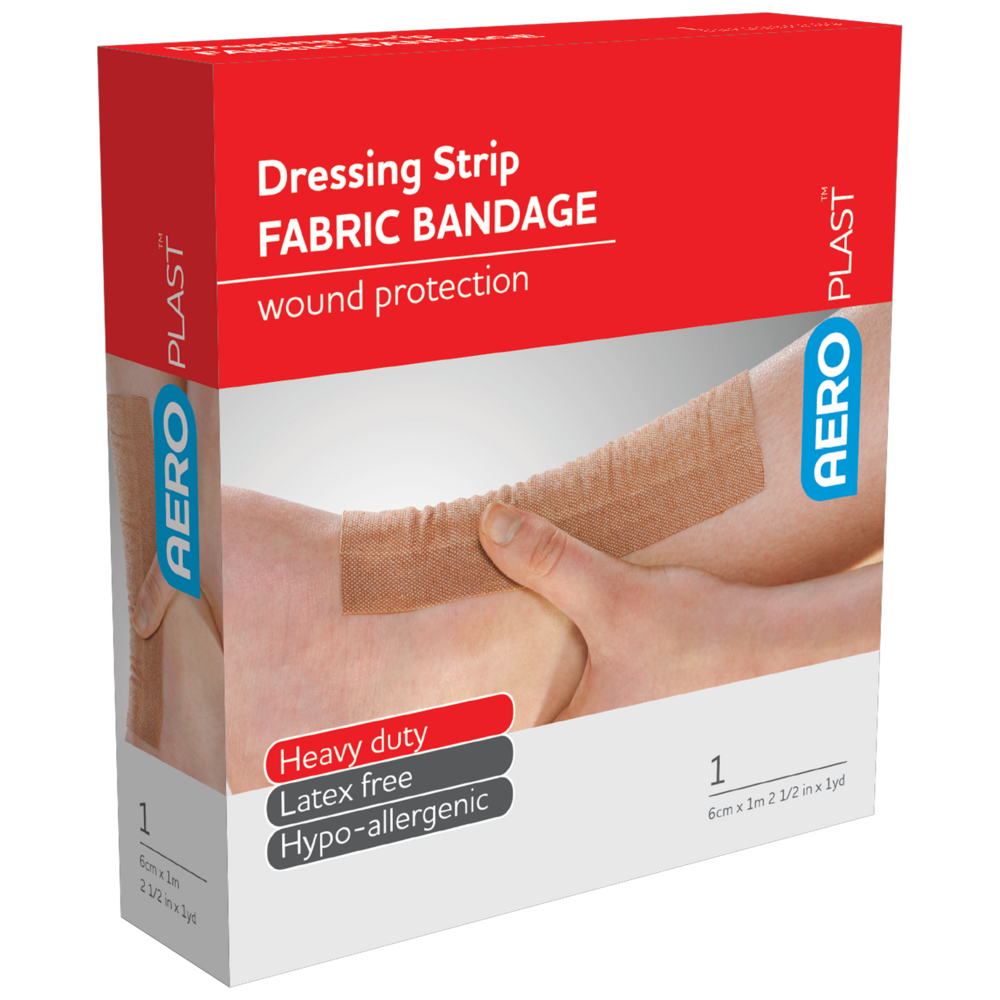 AEROPLAST Premium Fabric Dressing Strip 6cm x 1M showing cut-to-size premium fabric adhesive dressing roll for custom wound coverage