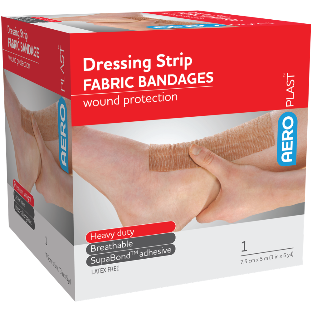AEROPLAST Premium Fabric Dressing Strip 7.5cm x 5M showing roll of premium woven fabric adhesive dressing for cut-to-size wound coverage in first aid rooms