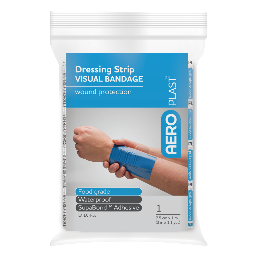 AEROPLAST Premium Visual Dressing Strip 7.5cm x 1M showing bright blue visually-detectable adhesive wound dressing roll for food industry HACCP compliance