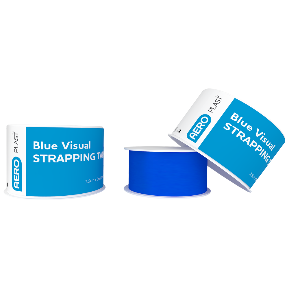 AEROPLAST Visual Strapping Tape 2.5cm x 5M box of 12 rolls showing coloured adhesive strapping tape for food-safe dressing fixation and contamination detection in workplace first aid