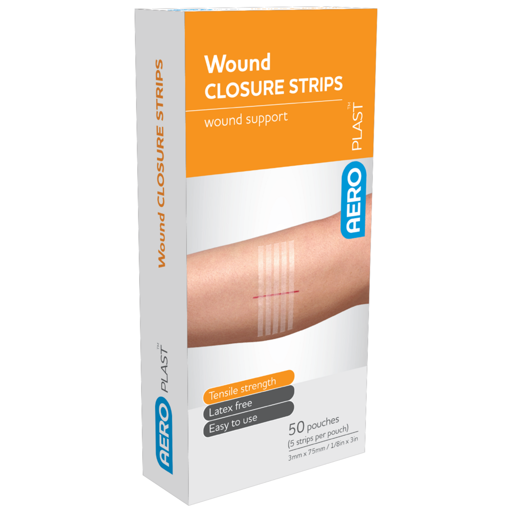 AEROPLAST Wound Closure Strips 3 x 75mm 5 strips per card box of 50 showing sterile hospital-grade adhesive skin closure strips for laceration approximation