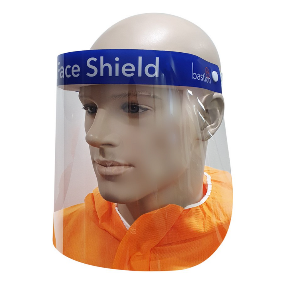 AEROSHIELD Disposable Plastic Face Shield showing clear single-use full-face shield for clinical PPE splash and droplet protection in first aid and healthcare