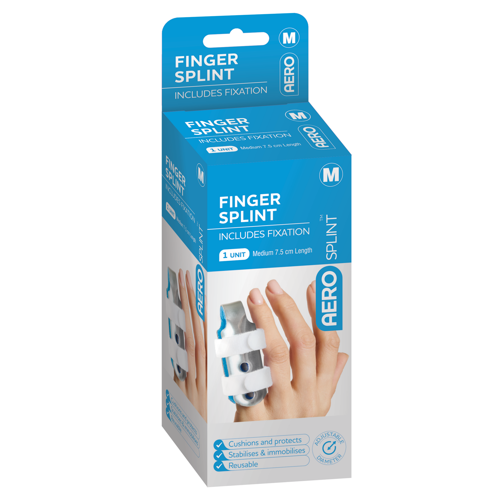 AEROSPLINT Finger Splint Medium 7.5 x 3.5 x 3.5cm showing rigid medium finger splint for adult index and middle finger fracture immobilisation