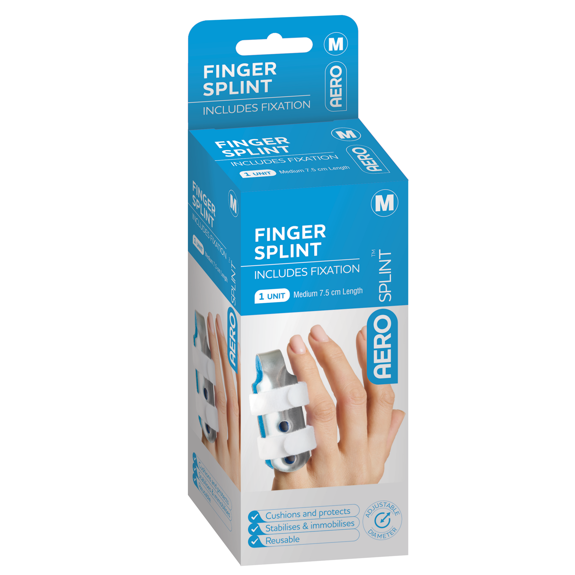 AEROSPLINT Finger Splint Medium 7.5 x 3.5 x 3.5cm showing rigid medium finger splint for adult index and middle finger fracture immobilisation
