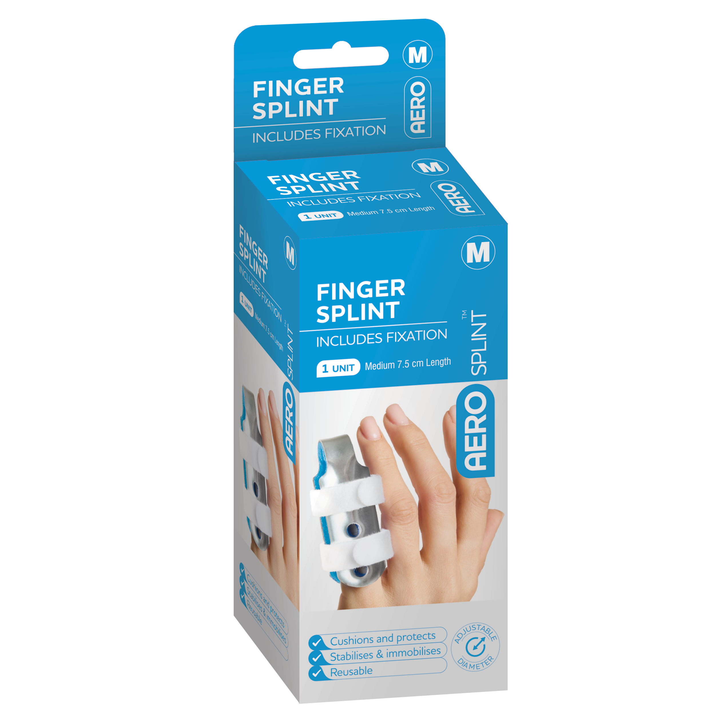 AEROSPLINT Finger Splint Medium 7.5 x 3.5 x 3.5cm showing rigid medium finger splint for adult index and middle finger fracture immobilisation
