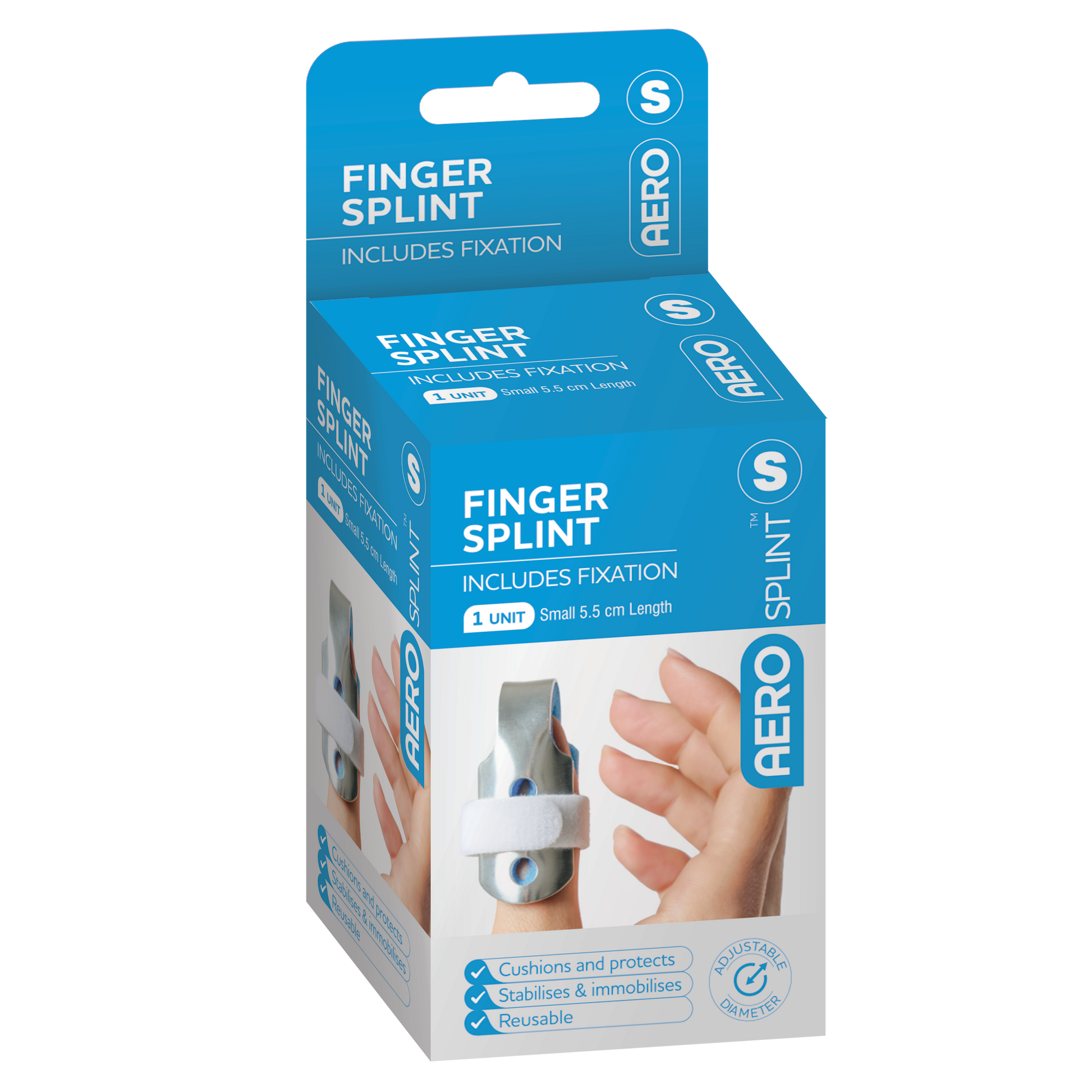 AEROSPLINT Finger Splint Small 5.5 x 3.5 x 3.5cm showing rigid small finger splint for phalangeal fracture, mallet finger, and dislocation immobilisation
