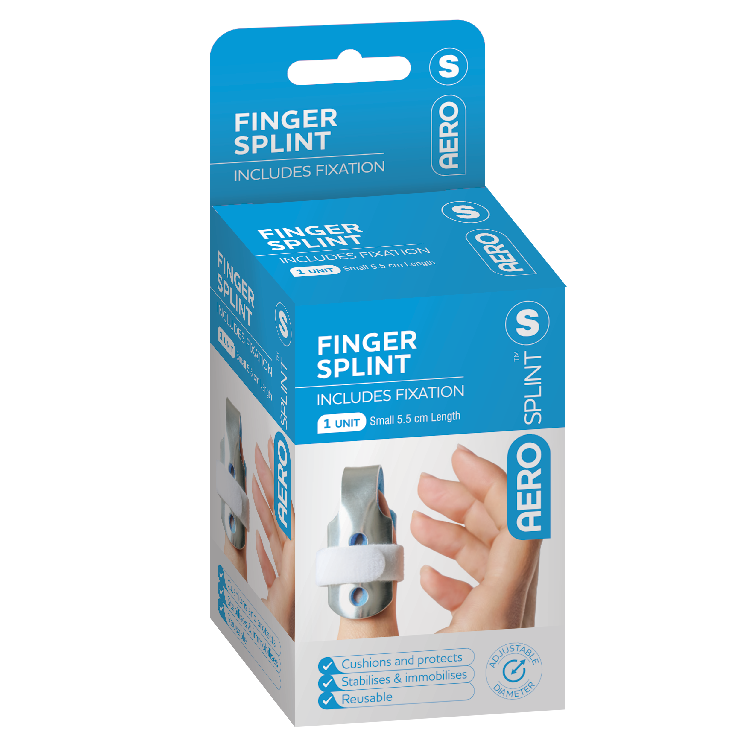 AEROSPLINT Finger Splint Small 5.5 x 3.5 x 3.5cm showing rigid small finger splint for phalangeal fracture, mallet finger, and dislocation immobilisation