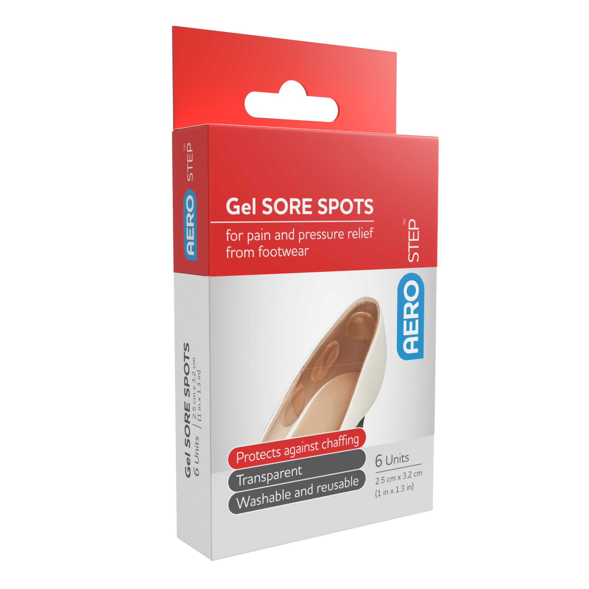 AEROSTEP Gel Sore Spots 6pk showing pack of 6 soft gel cushion pads for blister, corn, callus, and foot pressure point pain relief