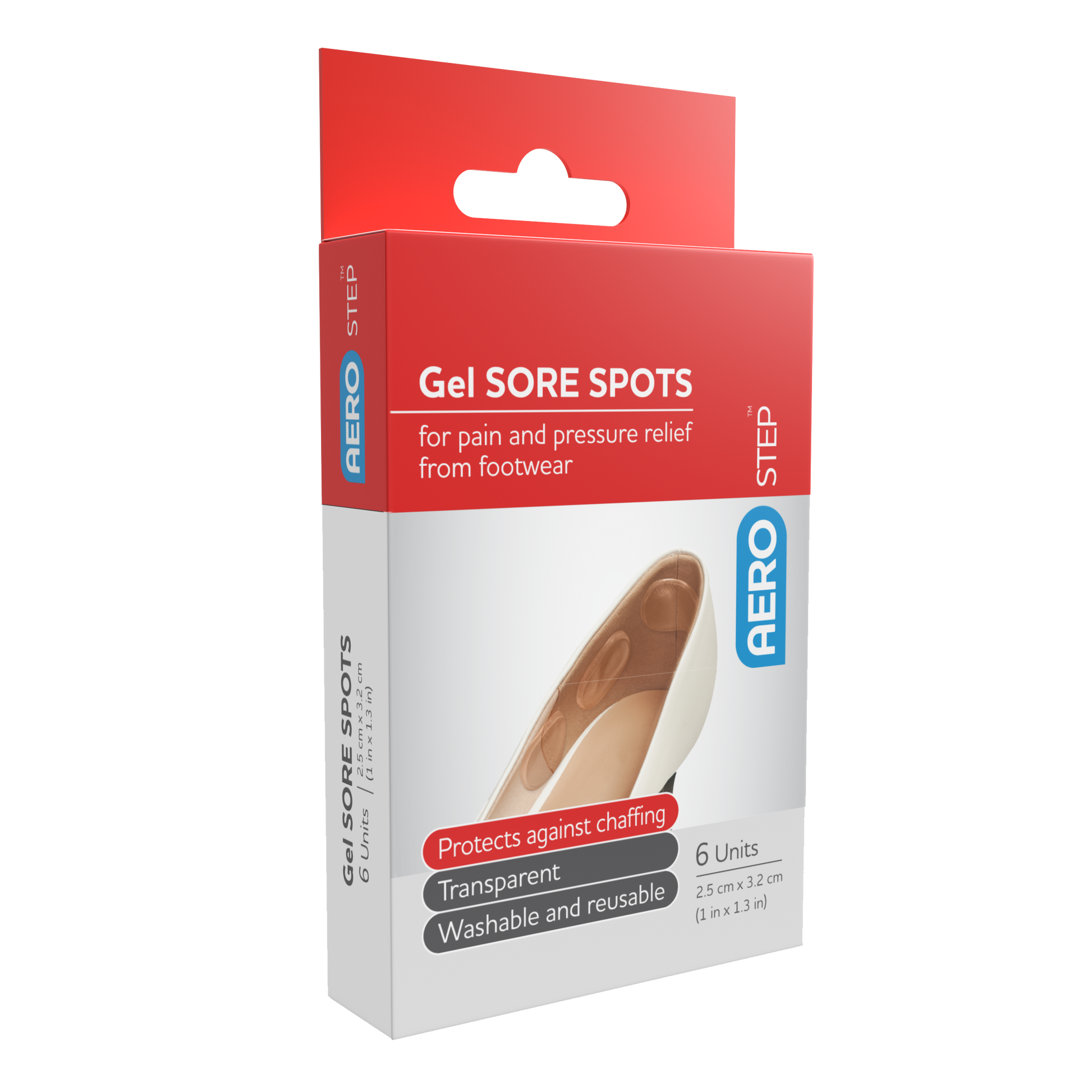AEROSTEP Gel Sore Spots 6pk showing pack of 6 soft gel cushion pads for blister, corn, callus, and foot pressure point pain relief