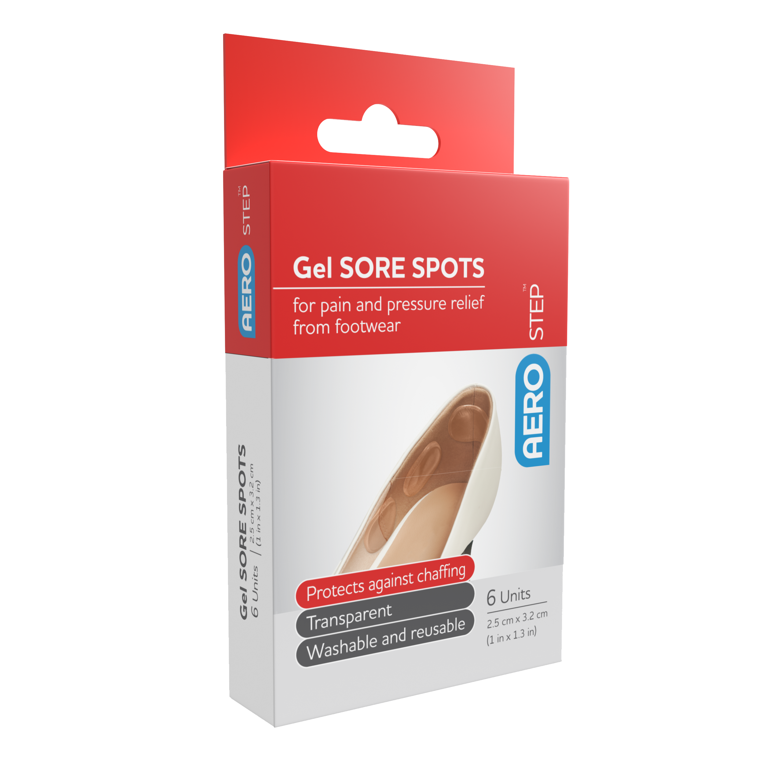 AEROSTEP Gel Sore Spots 6pk showing pack of 6 soft gel cushion pads for blister, corn, callus, and foot pressure point pain relief