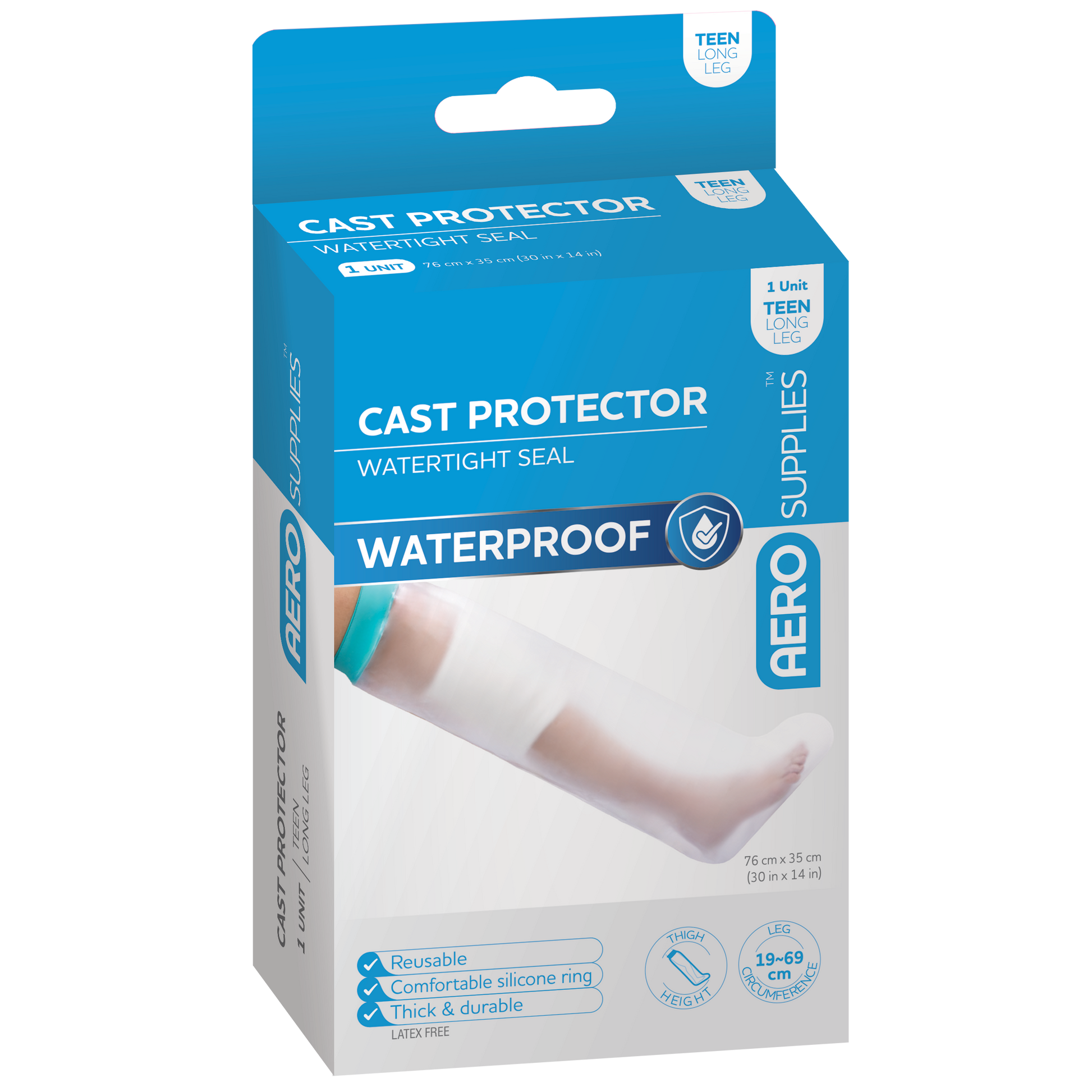 AEROSUPPLIES Cast Protector Teenage Long Leg showing waterproof protective sleeve for teenage long leg plaster and fibreglass casts during showering and bathing