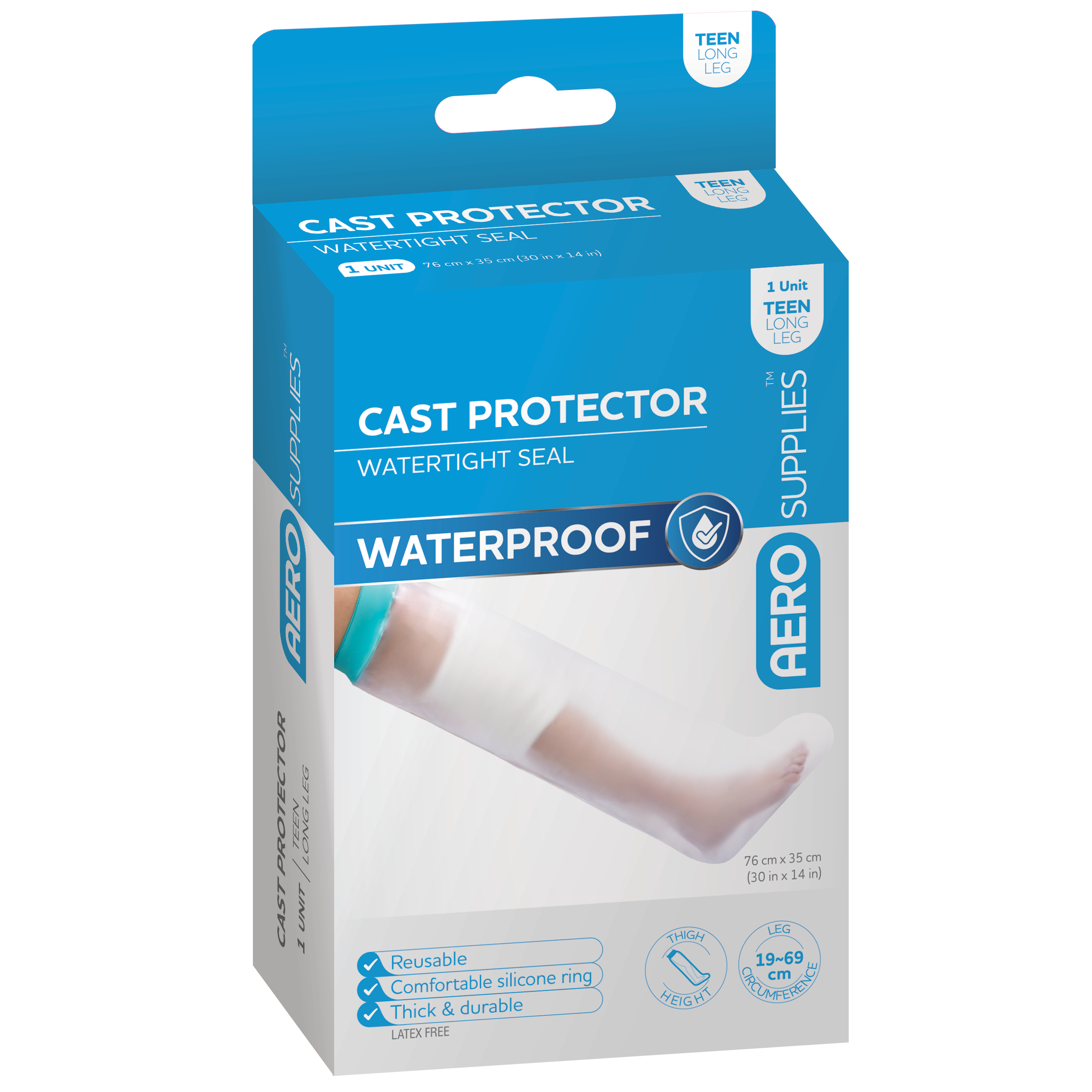 AEROSUPPLIES Cast Protector Teenage Long Leg showing waterproof protective sleeve for teenage long leg plaster and fibreglass casts during showering and bathing