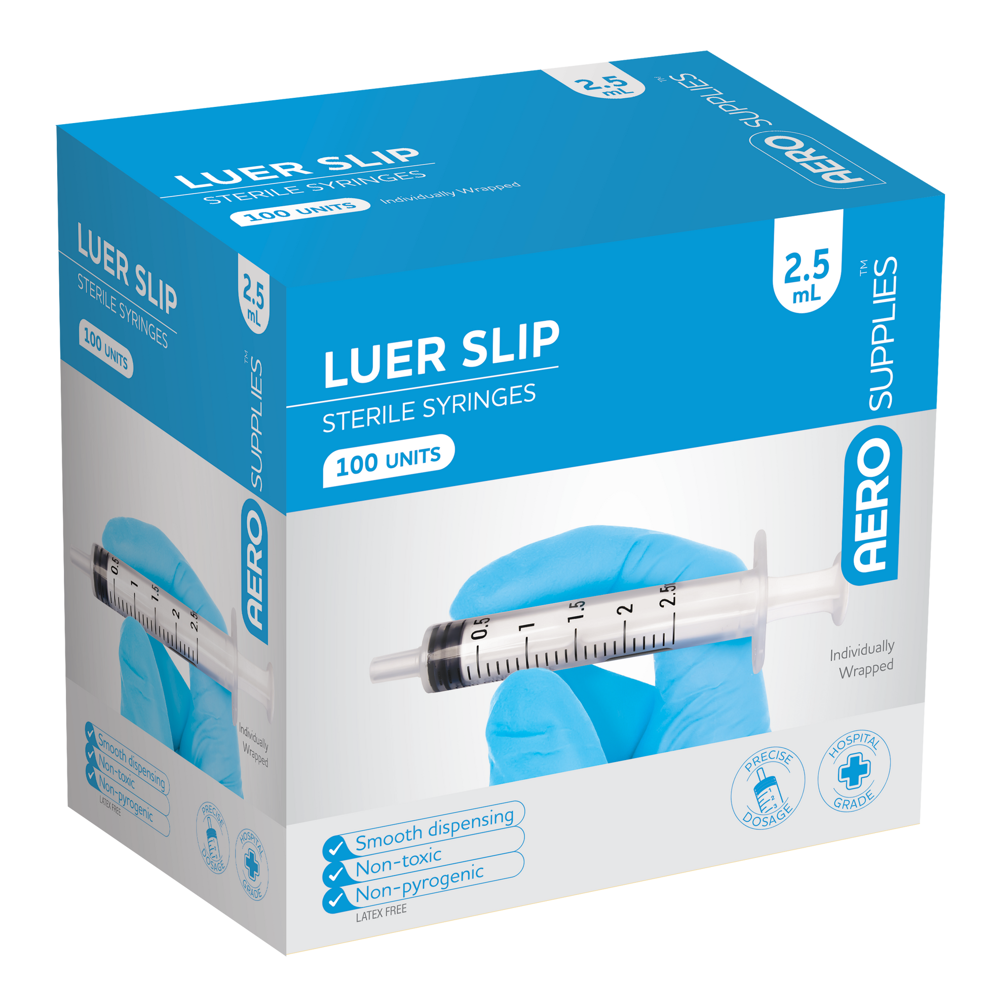 AEROSUPPLIES LuerSlip Syringe 2.5mL pack of 100 showing single-use LuerSlip clinical syringes for wound irrigation and small-volume procedure use