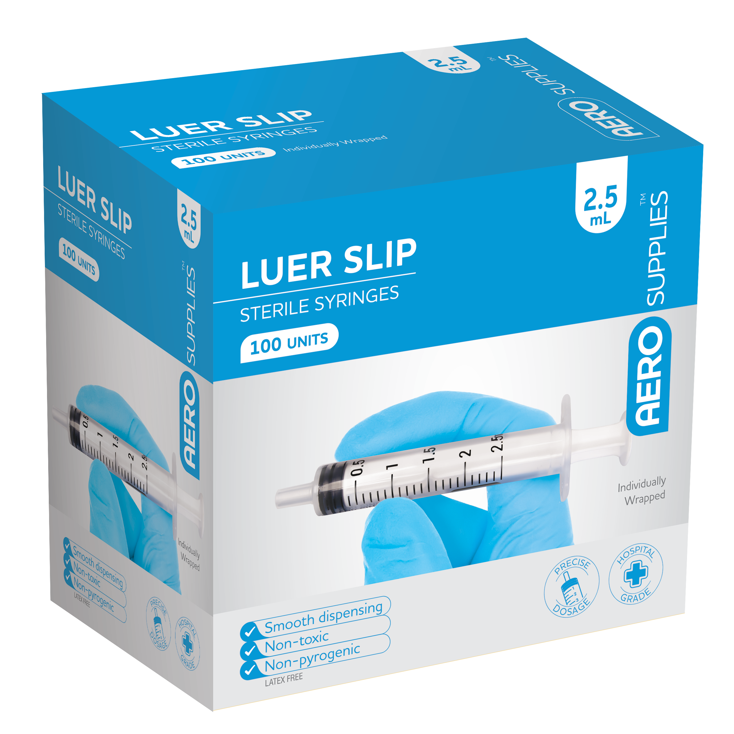 AEROSUPPLIES LuerSlip Syringe 2.5mL pack of 100 showing single-use LuerSlip clinical syringes for wound irrigation and small-volume procedure use
