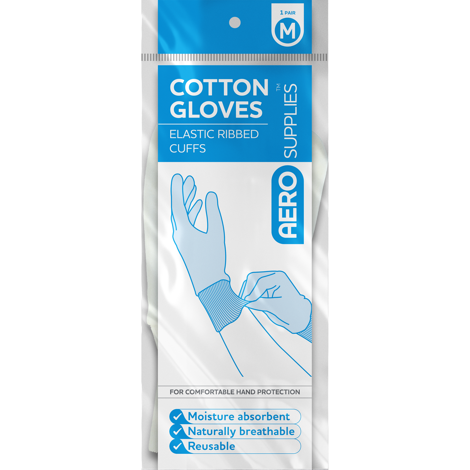 AEROSUPPLIES Medium Cotton Gloves showing 100% cotton breathable gloves for eczema, skin sensitivity, and contact dermatitis hand protection