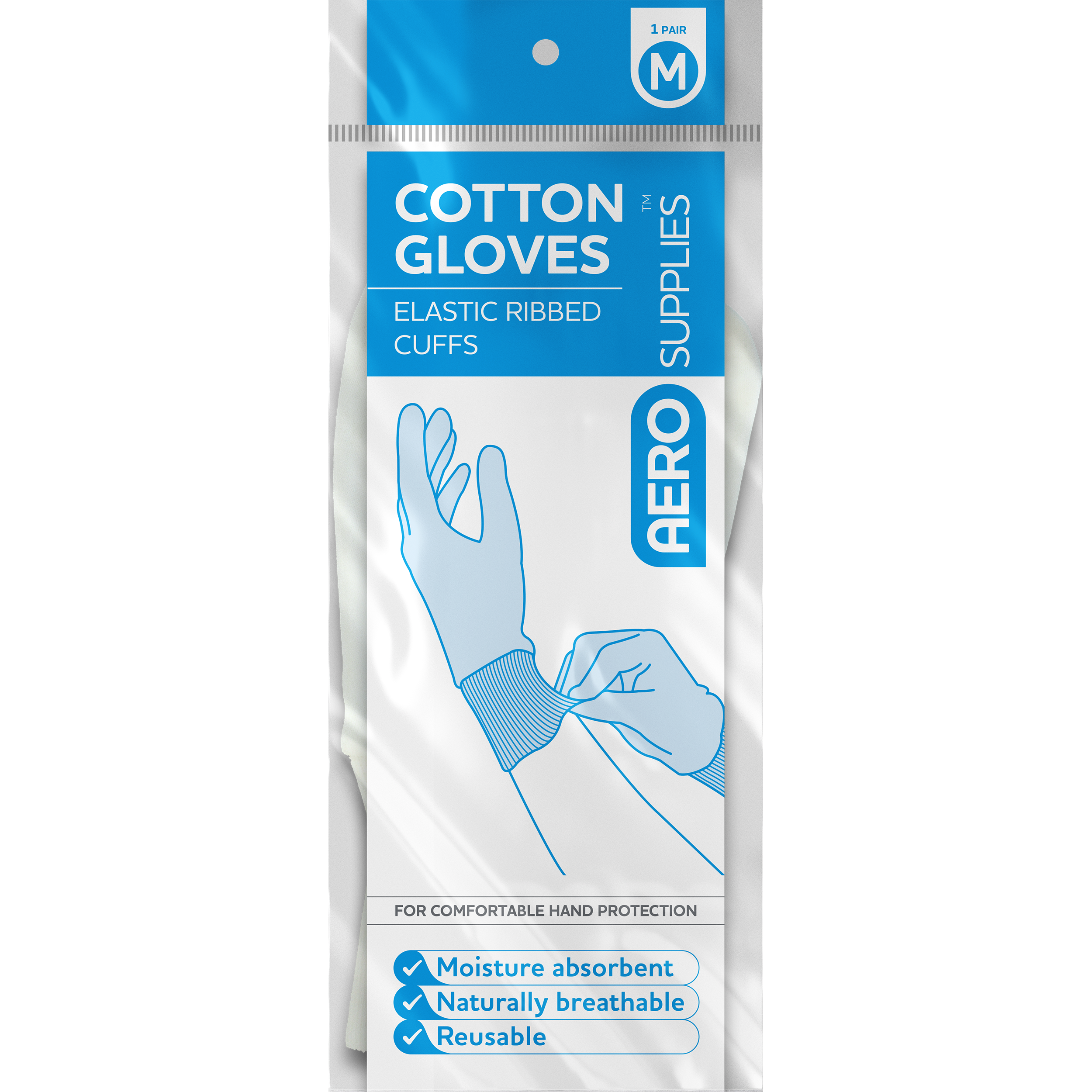AEROSUPPLIES Medium Cotton Gloves showing 100% cotton breathable gloves for eczema, skin sensitivity, and contact dermatitis hand protection